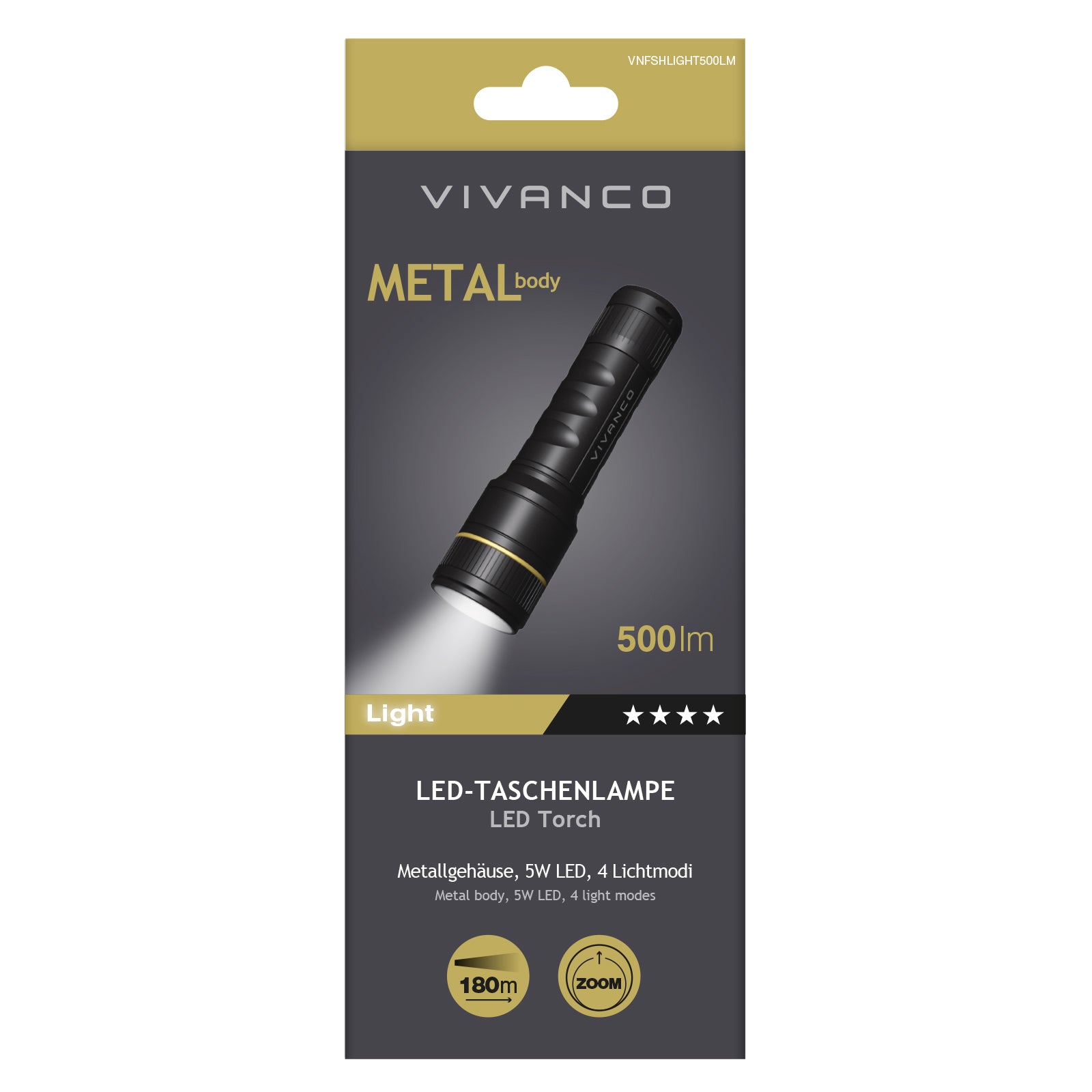 Torcia LED 500 lumen con zoom da 180m – Potente e Compatta