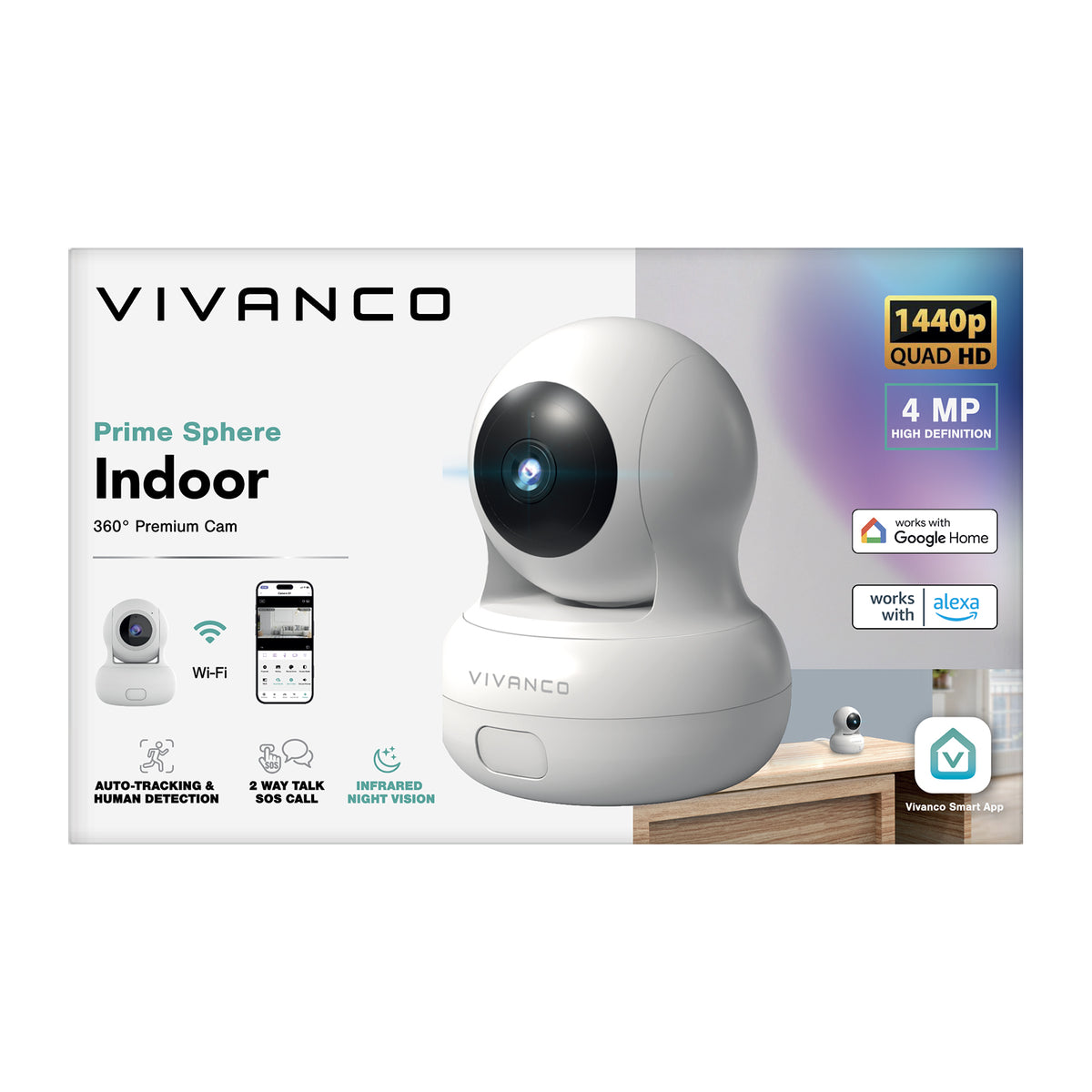 Motorised indoor security camera with motion tracking and SOS call button