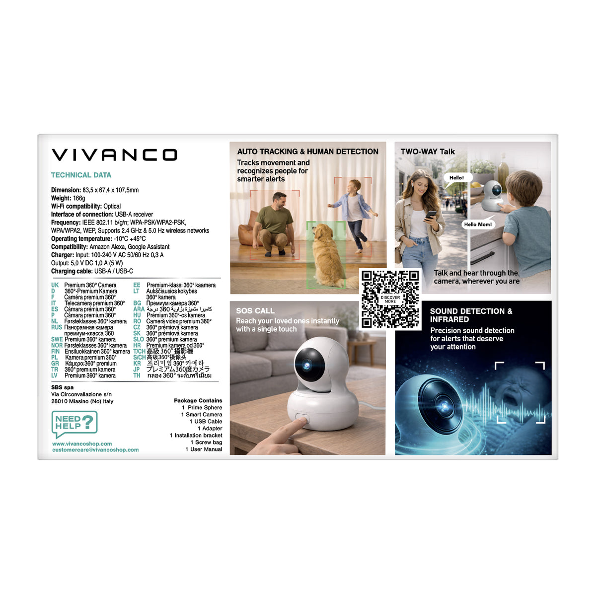 Motorised indoor security camera with motion tracking and SOS call button