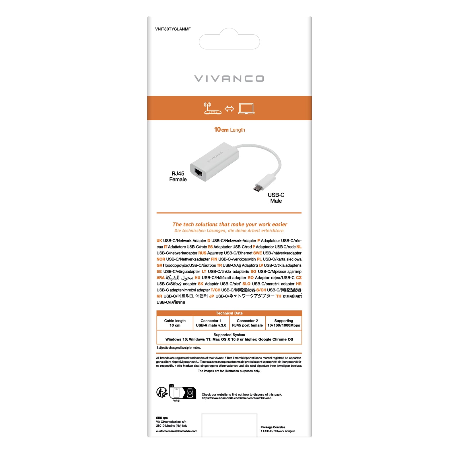 USB-C male to LAN female adapter with 10 cm built-in cable