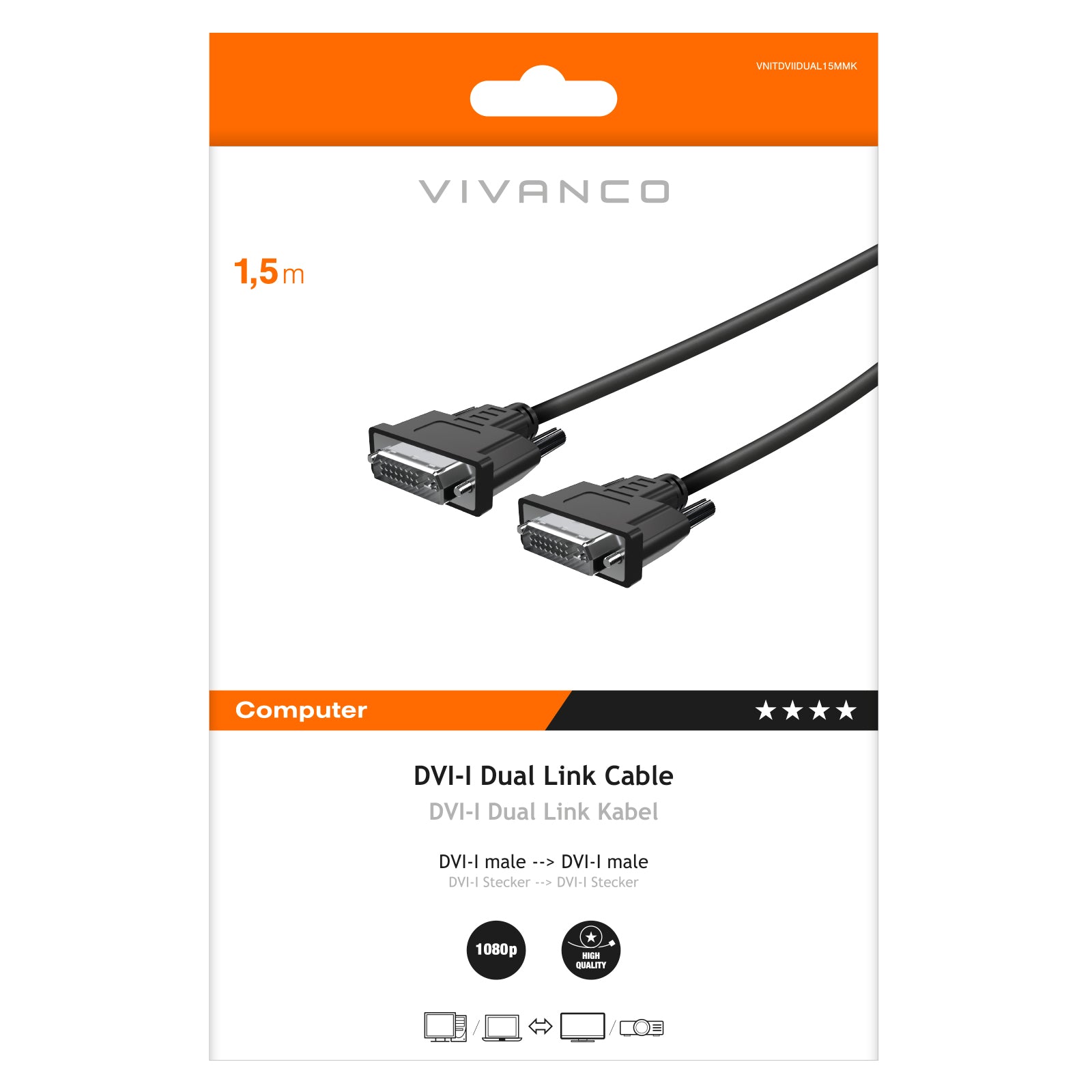 DVI-I-Kabel, 1,5 m, High Speed für Monitore und Projektoren