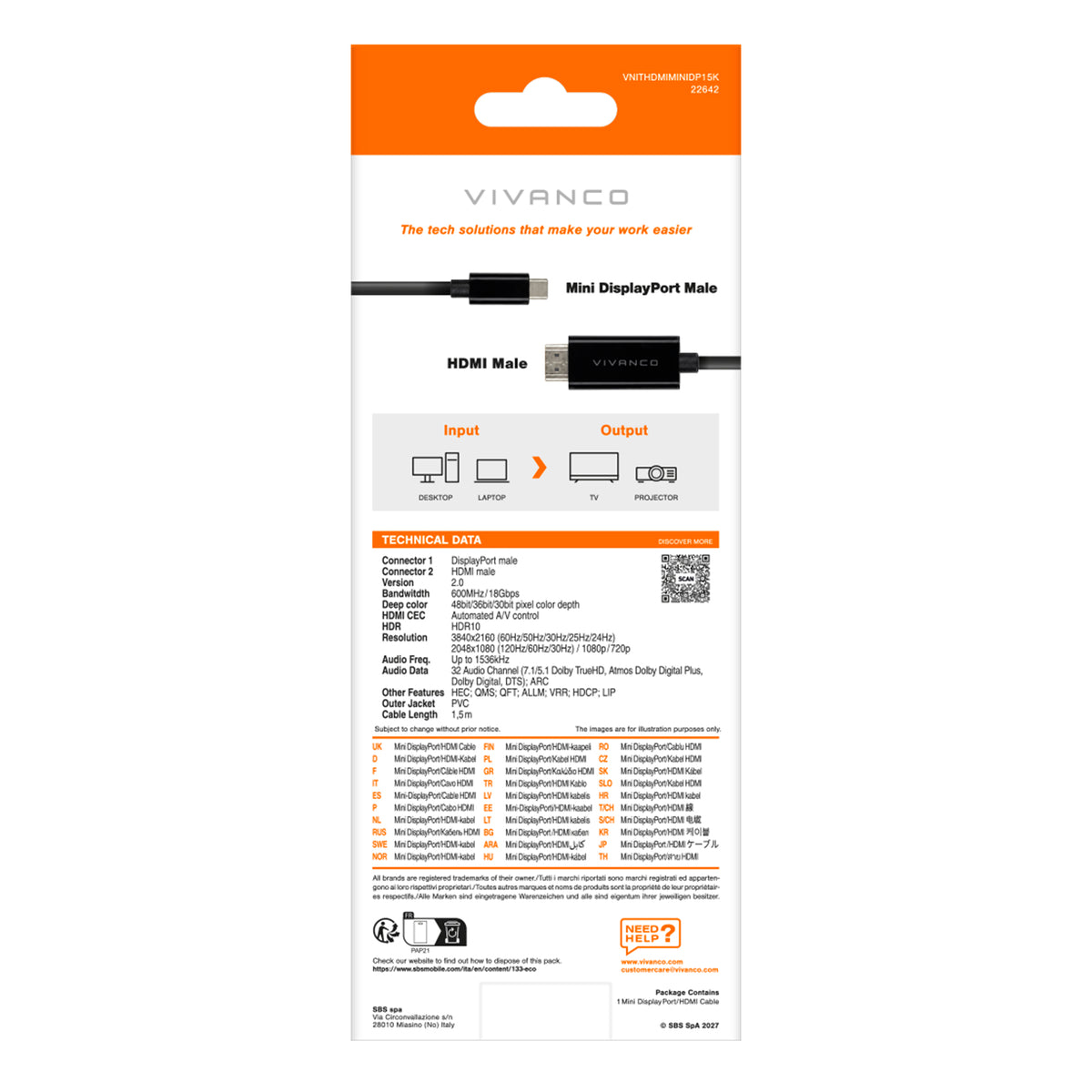 Cable HDMI/Mini DisplayPort, M-M, 1,5 m, negro