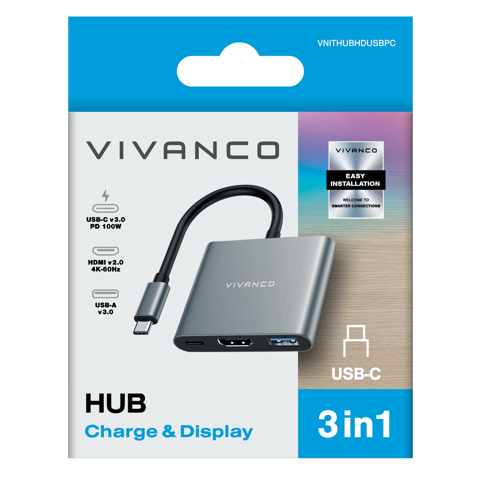 Hub USB-C 3 en 1 avec HDMI 4K 60 Hz