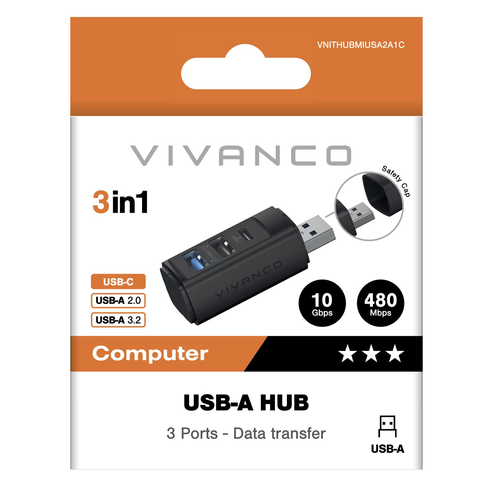 USB-A Hub mit 3 Anschlüssen, eine USB-C und zwei USB-A für schnellen Datentransfer