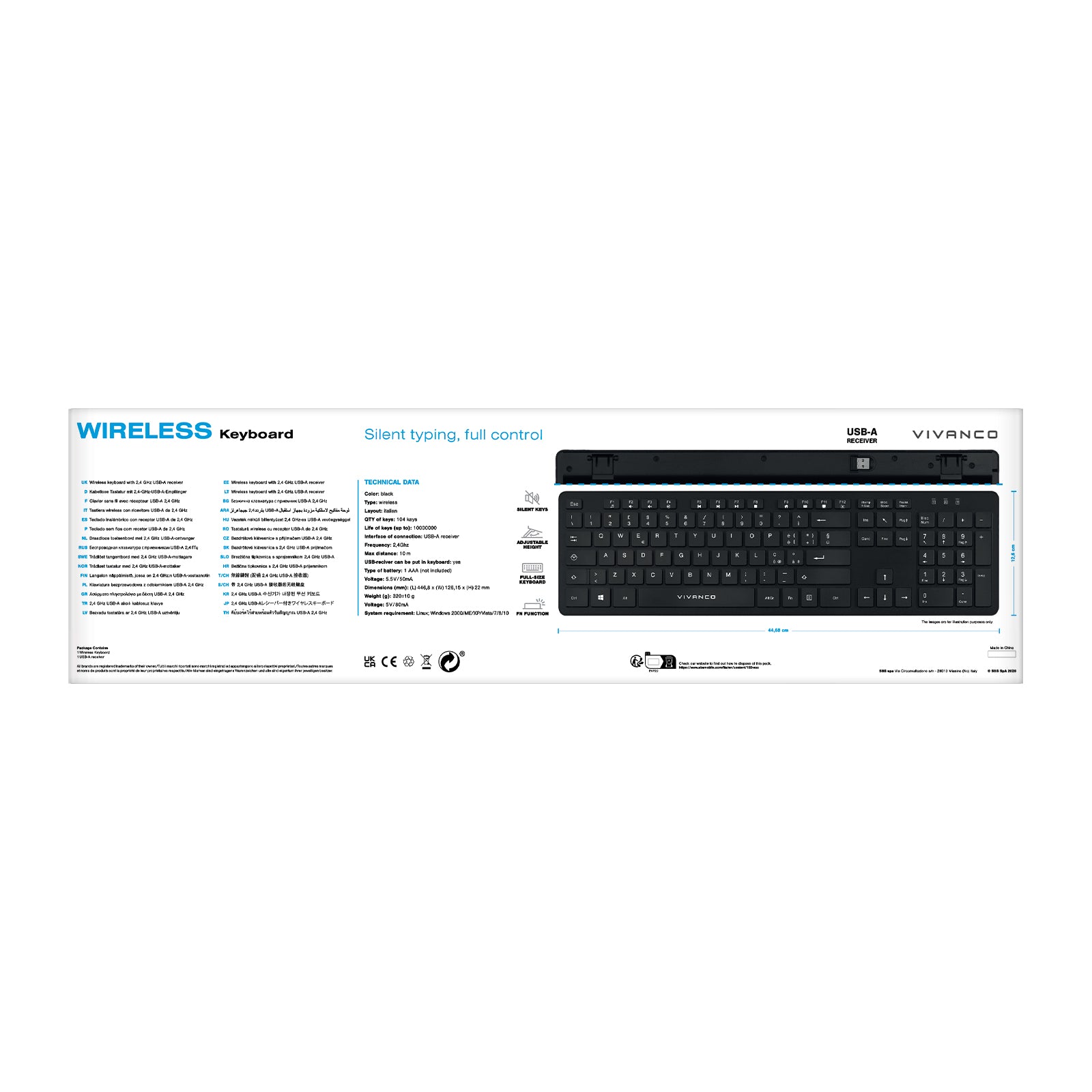 Tastiera ANSI wireless 104 tasti layout italiano con ricevitore USB-A