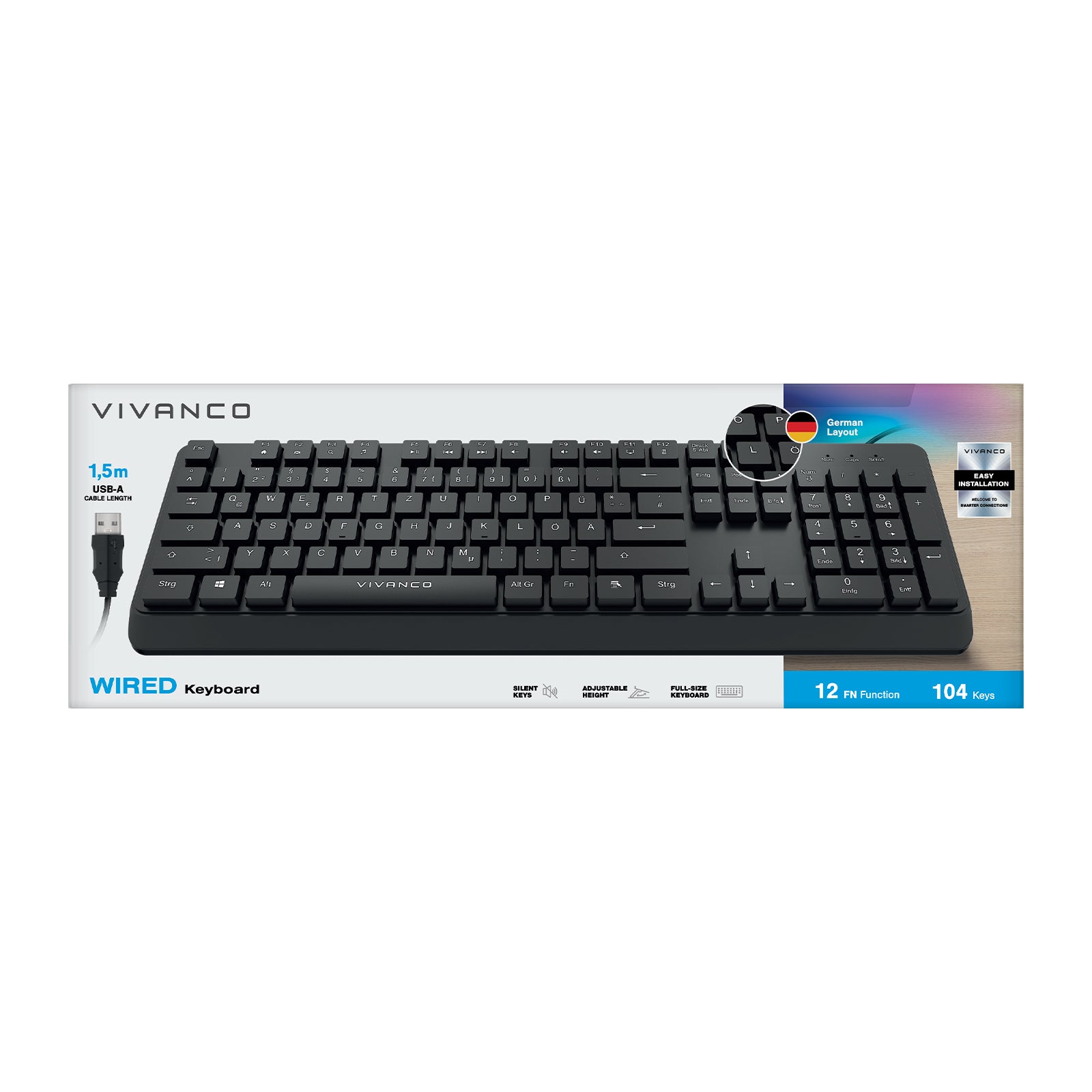 Tastiera ANSI, cablata con cavo 1,5 m USB-A, 104 tasti layout tedesco