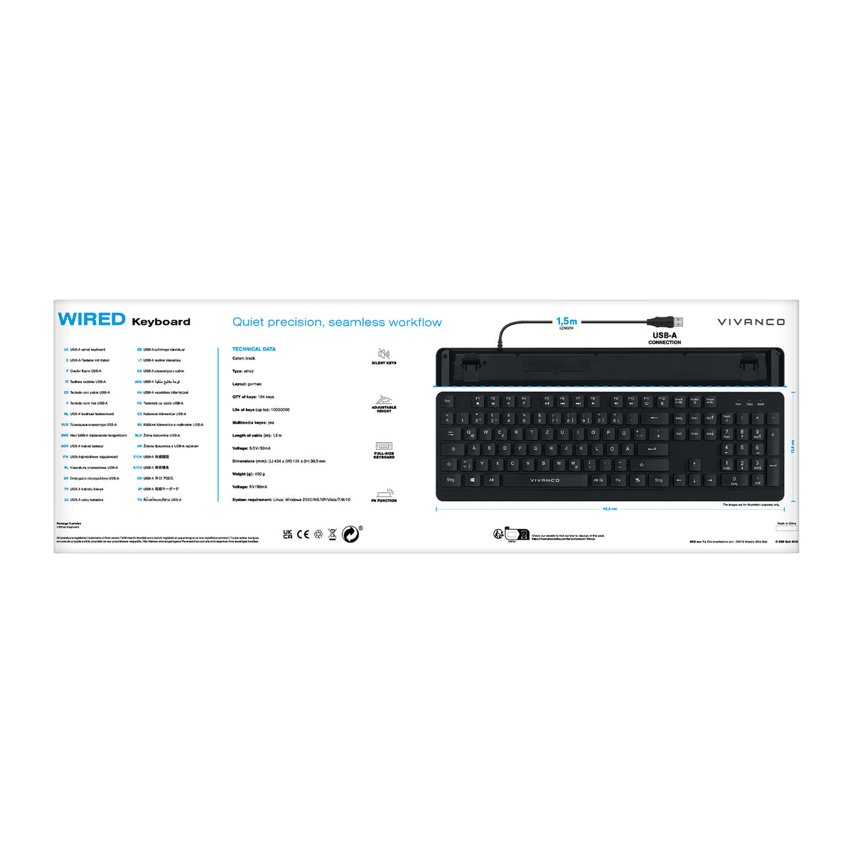 Tastiera ANSI, cablata con cavo 1,5 m USB-A, 104 tasti layout inglese