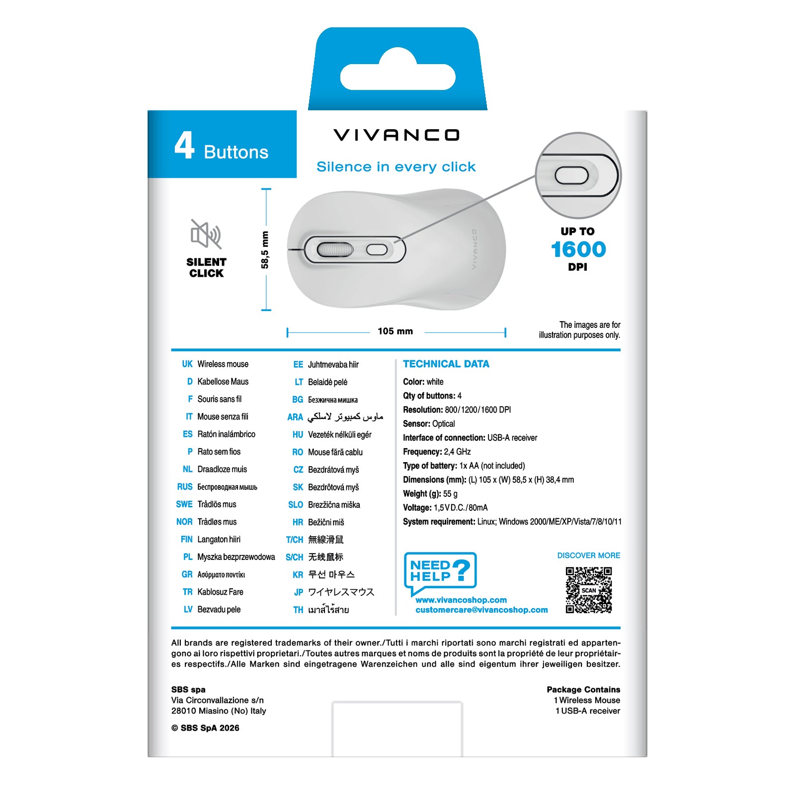 Mouse wireless con design ergonomico e clic silenzioso
