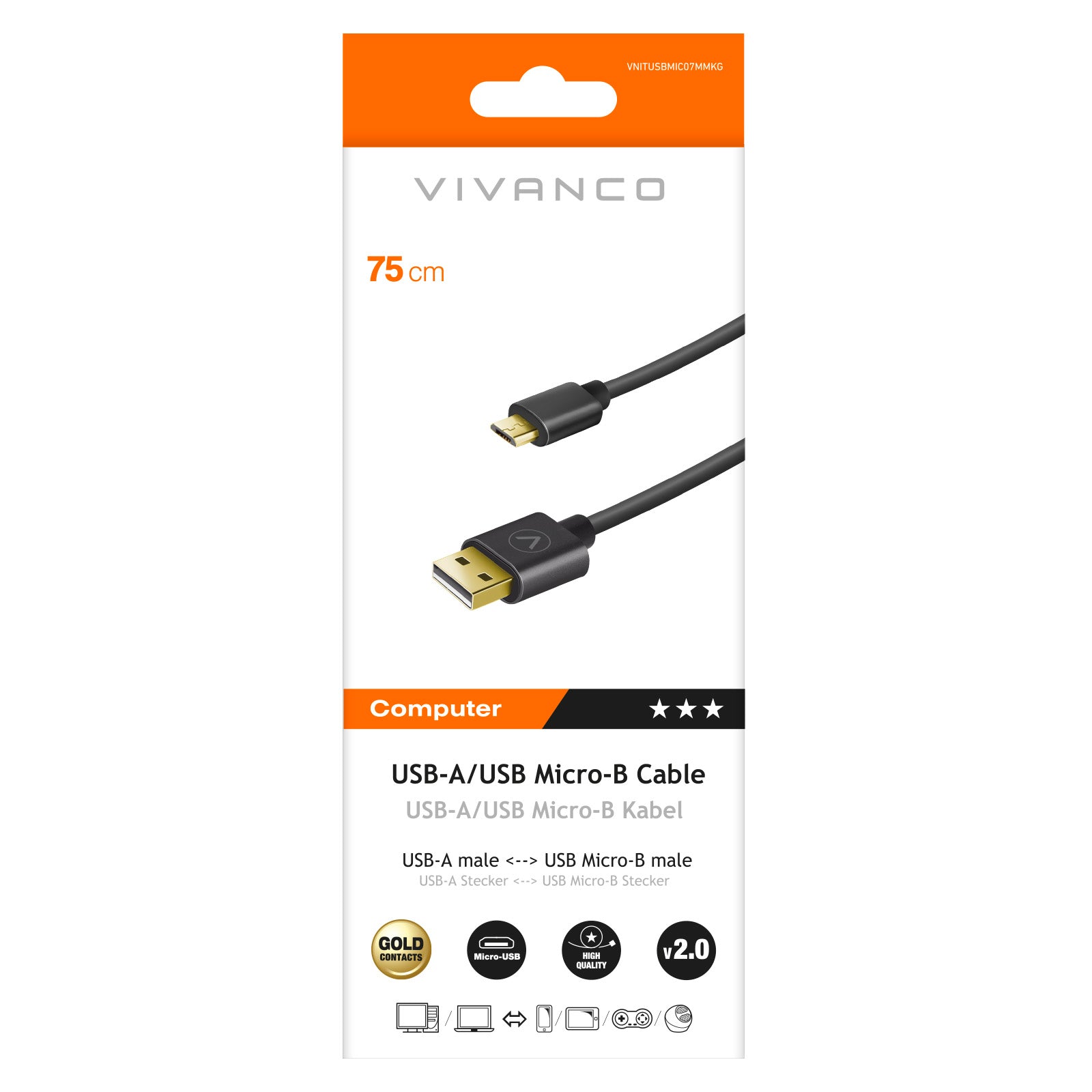 Cavo USB-A/Micro USB, 0,75m