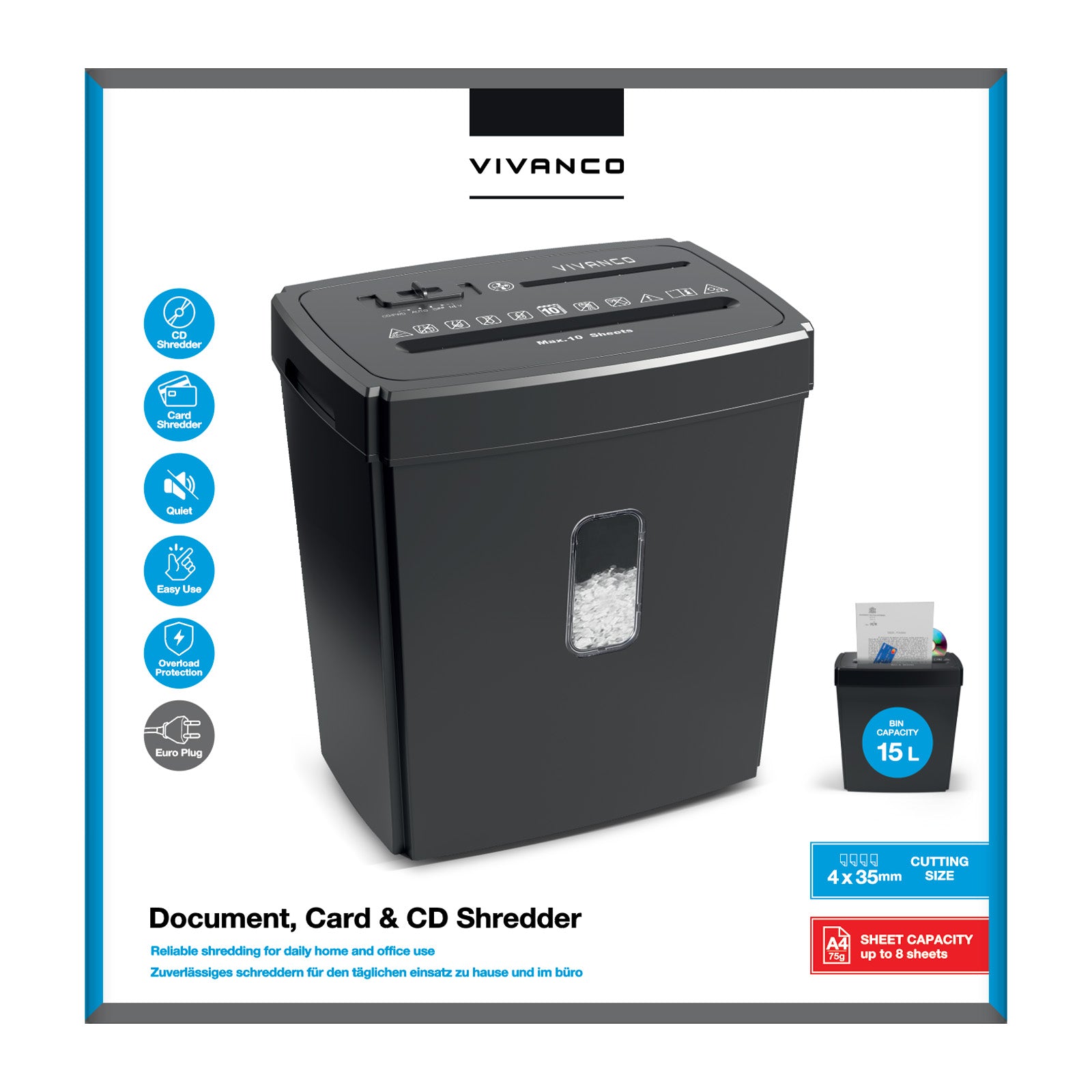 Destructeur documents/cartes/CD coupe 4×35 mm 15 L