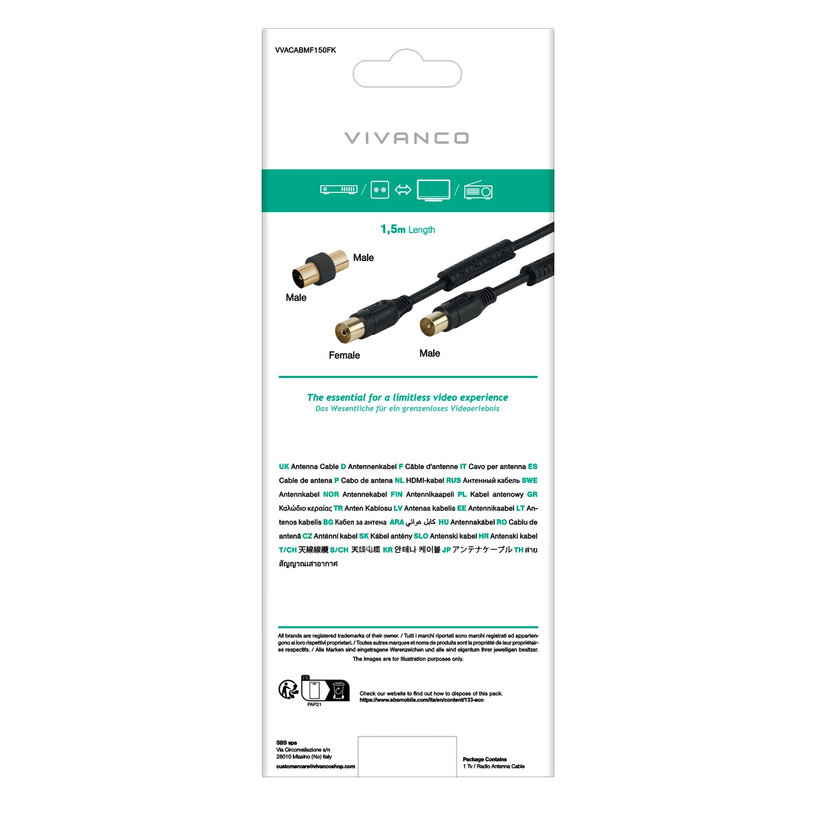 Cavo antenna (maschio/femmina) TV/Radio, 90 dB