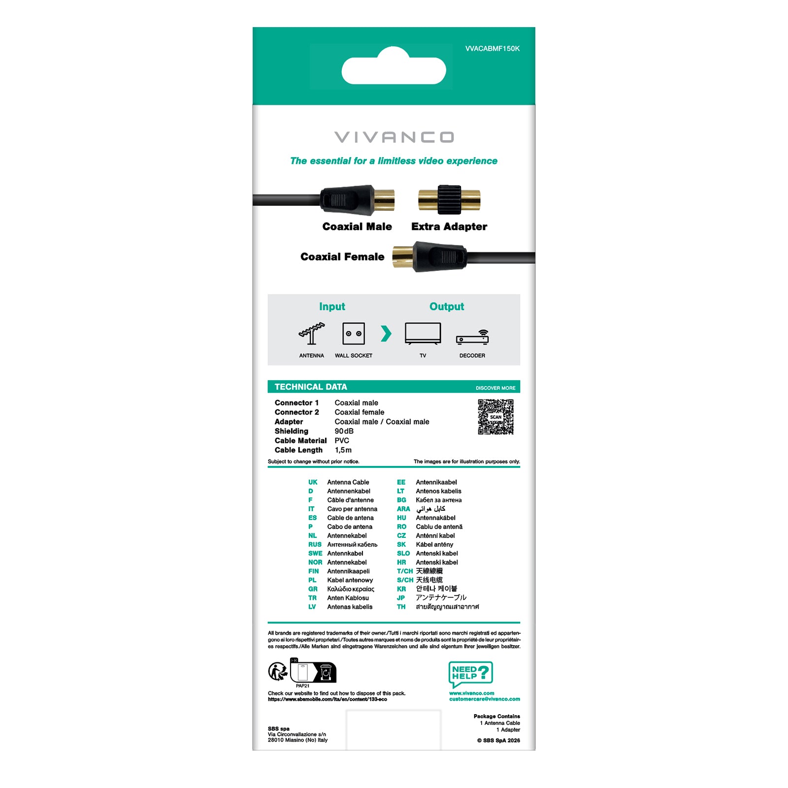 Male/Female Antenna Cable + 90dB shielding