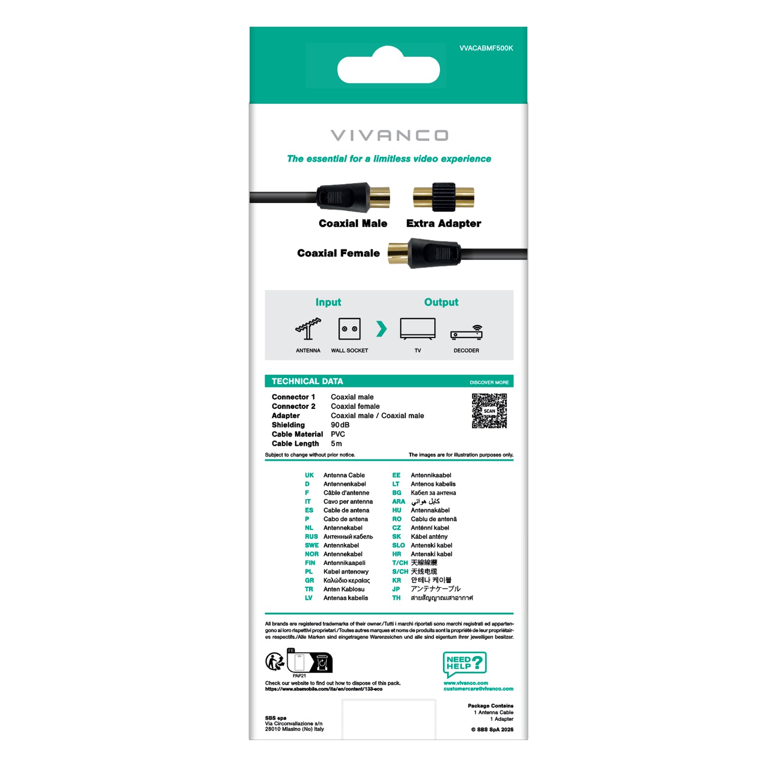 Cavo antenna maschio/femmina + schermatura 90dB