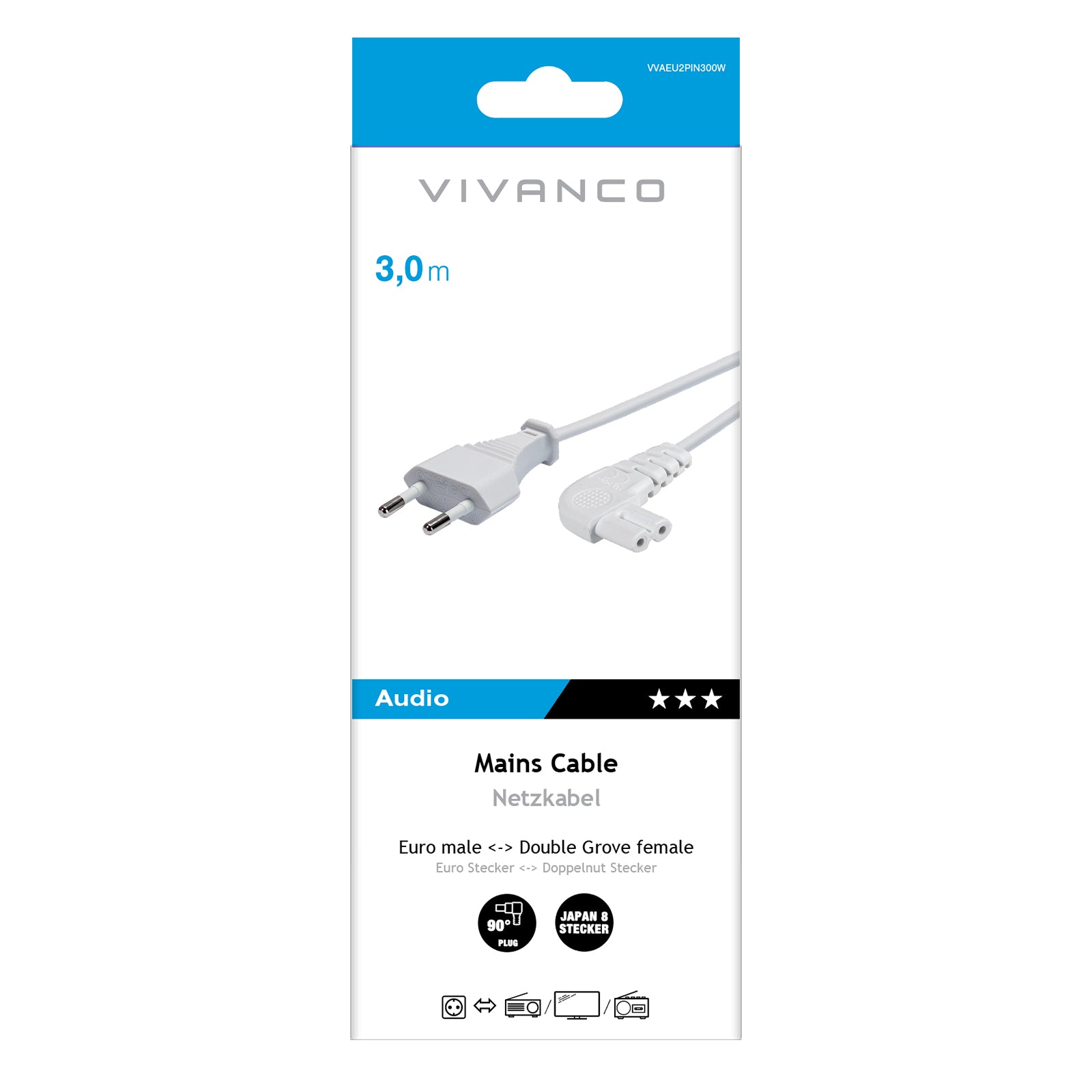 Power cord with 90° angled plug, 3 m