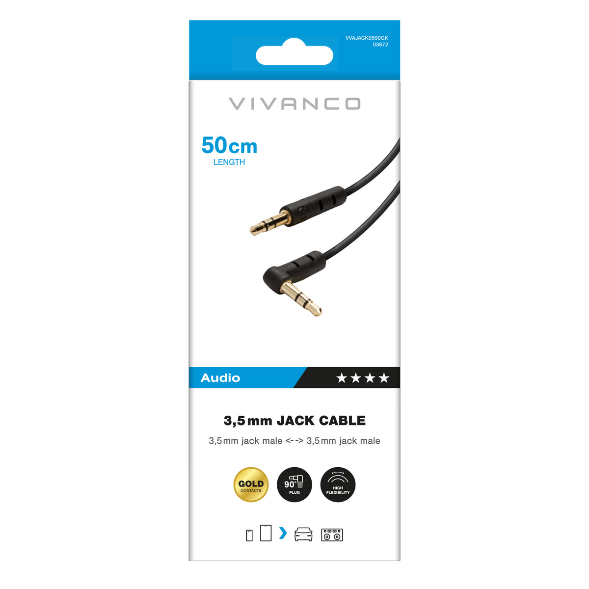 Cable de audio con conector jack macho de 90°, 0,5 m