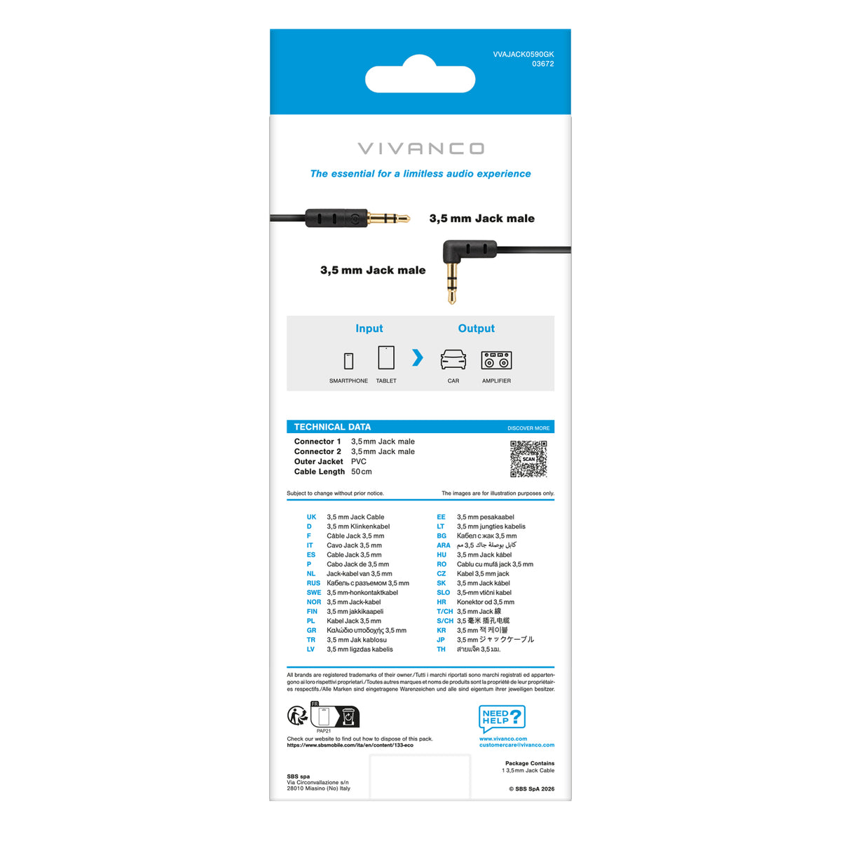 Cable de audio con conector jack macho de 90°, 0,5 m