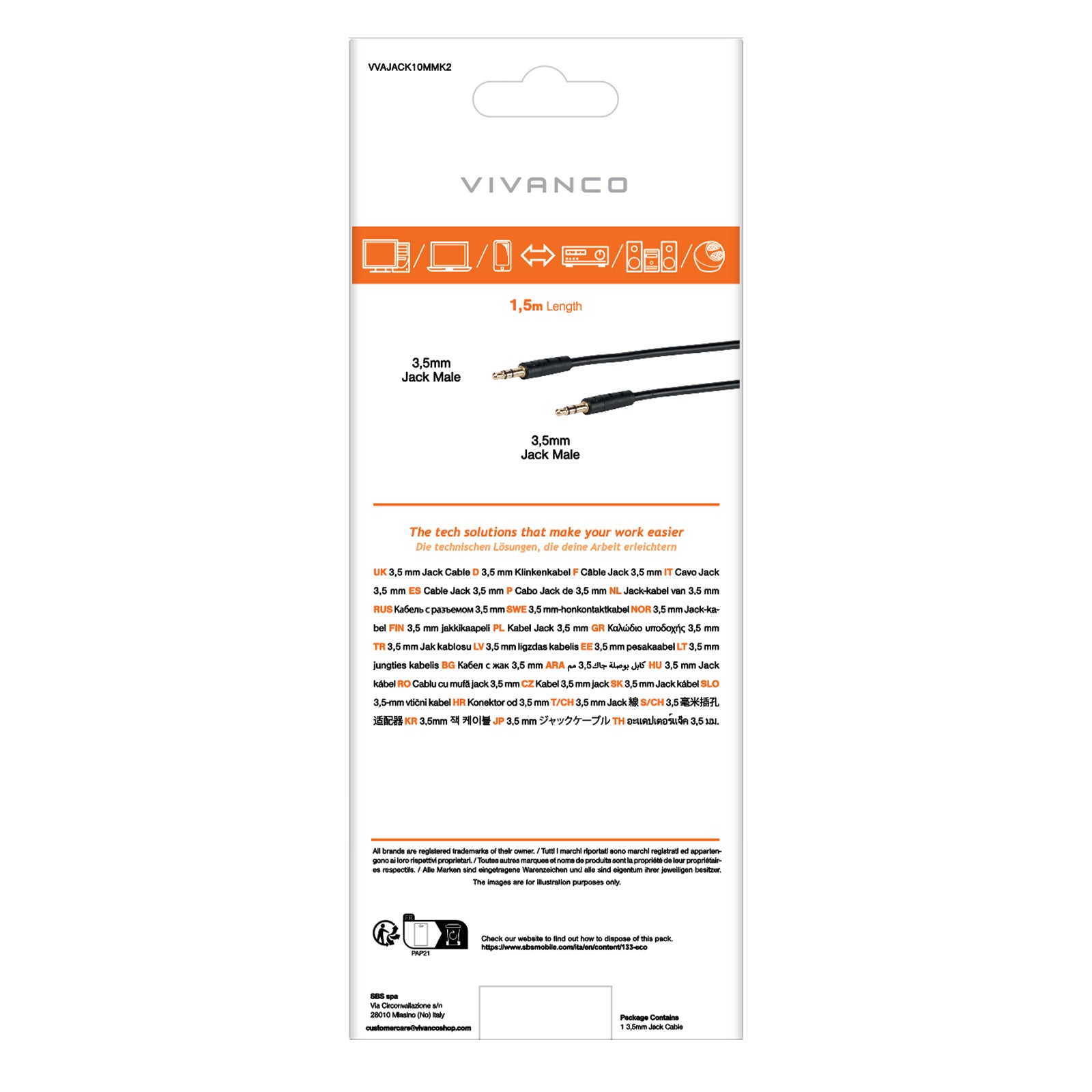 Cavo audio Jack 3,5 m maschio/maschio, 1 m