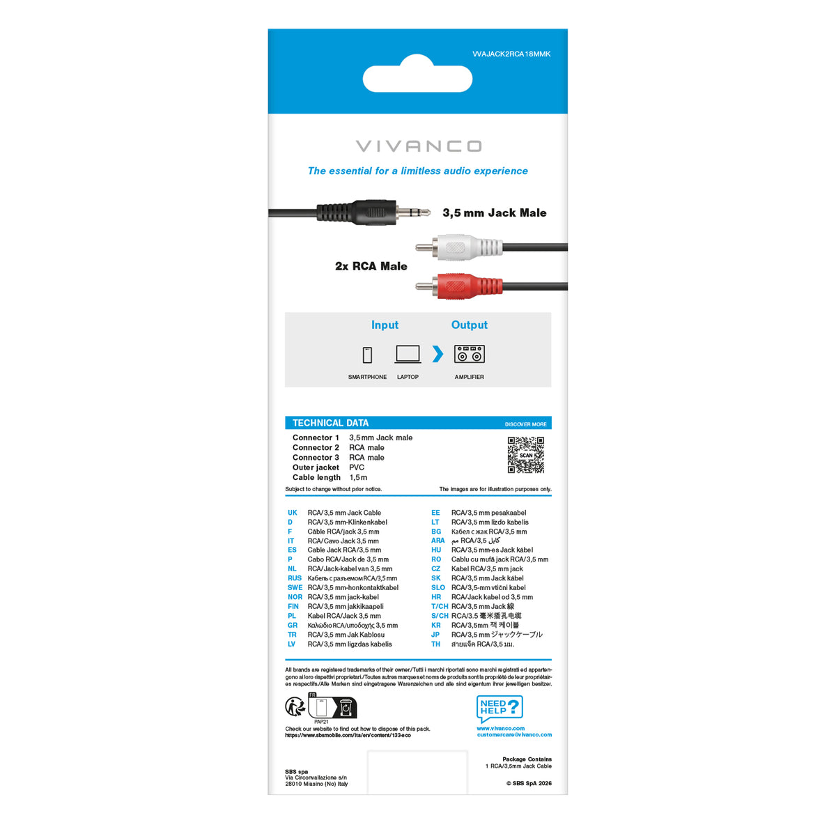 Cavo audio Jack 3,5 mm a 2 RCA maschio