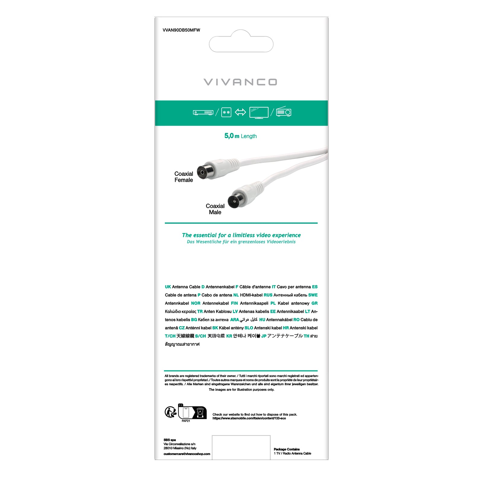 Cavo antenna TV/radio 90dB, 5m