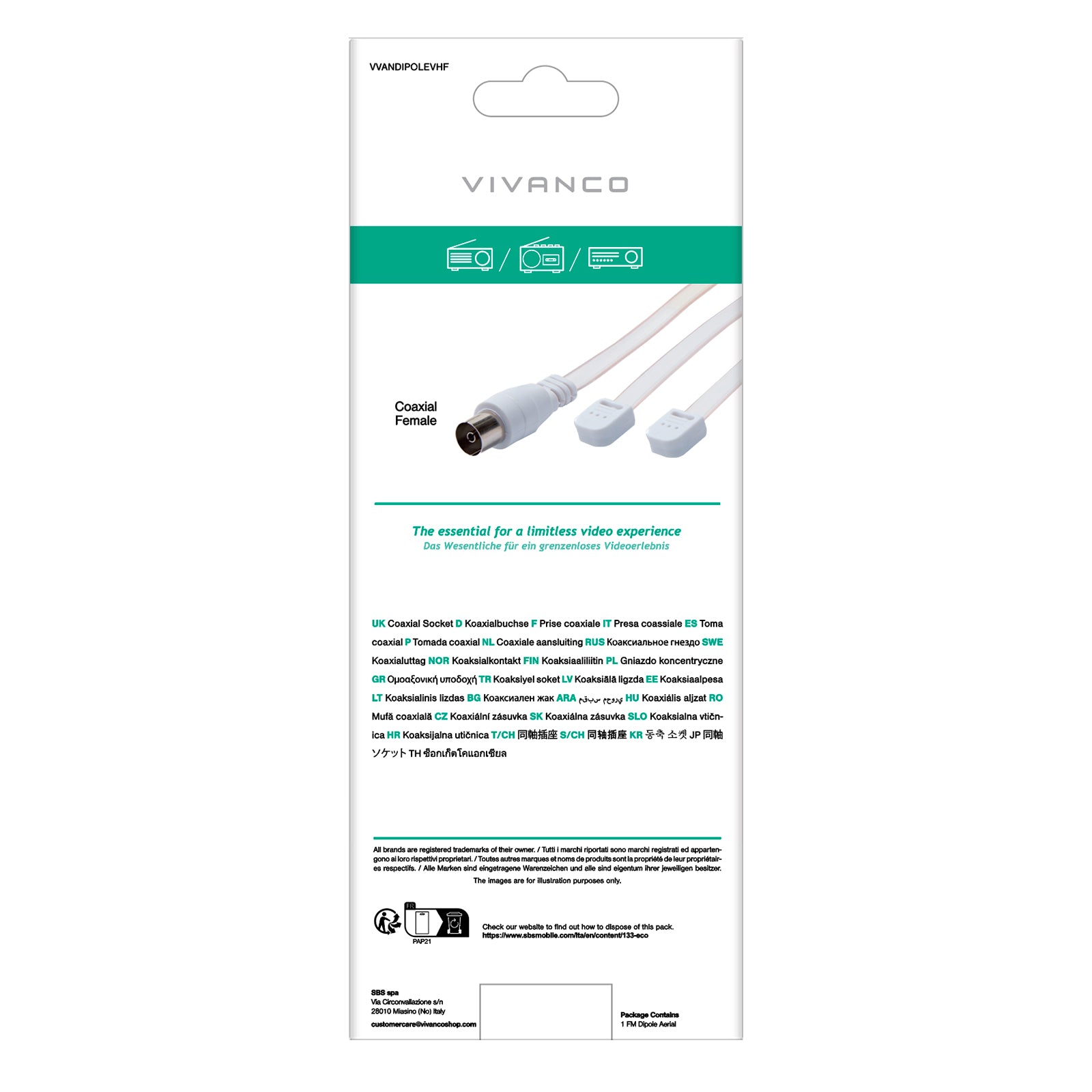 Antenna a dipolo con presa FM coassiale