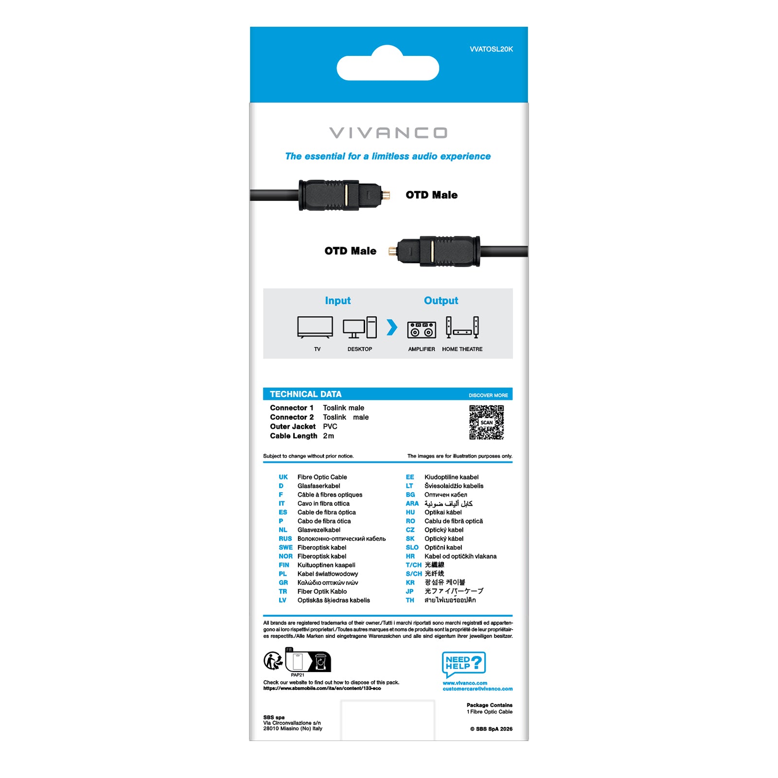 Cavo con connettori Toslink in fibra ottica