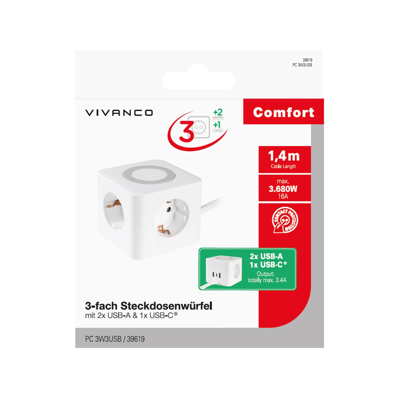 Cubo con prese Schuko, 2x USB-A e 1x USB-C