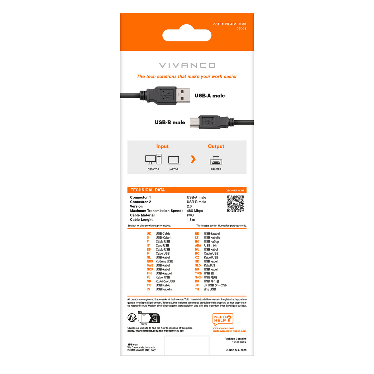 Câble de connexion compatible USB-B 2.0, 1,8 m