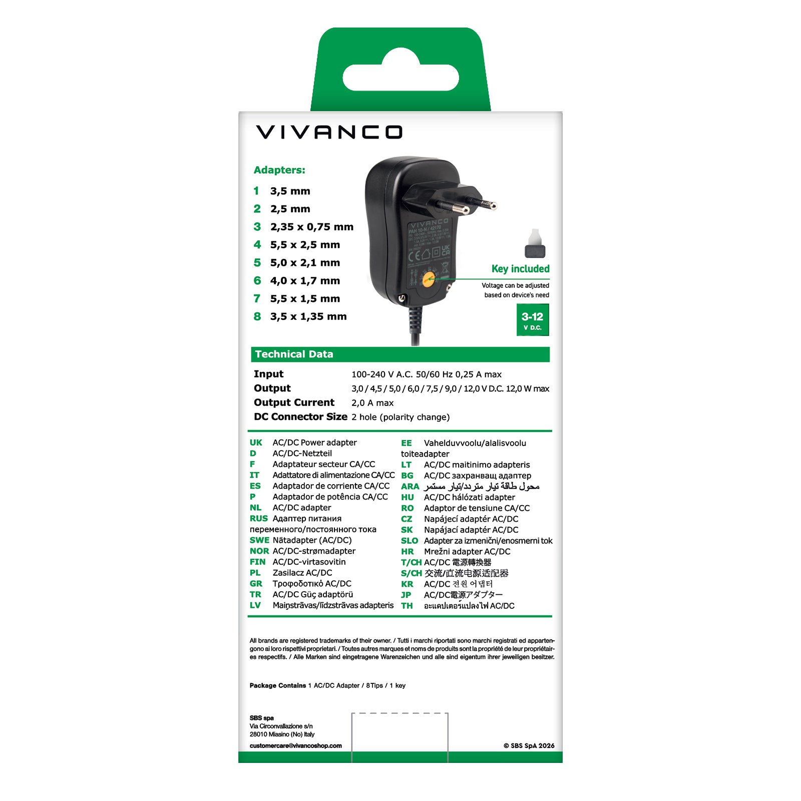Alimentatore universale, spina EU AC/DC 3-12V, 8in1