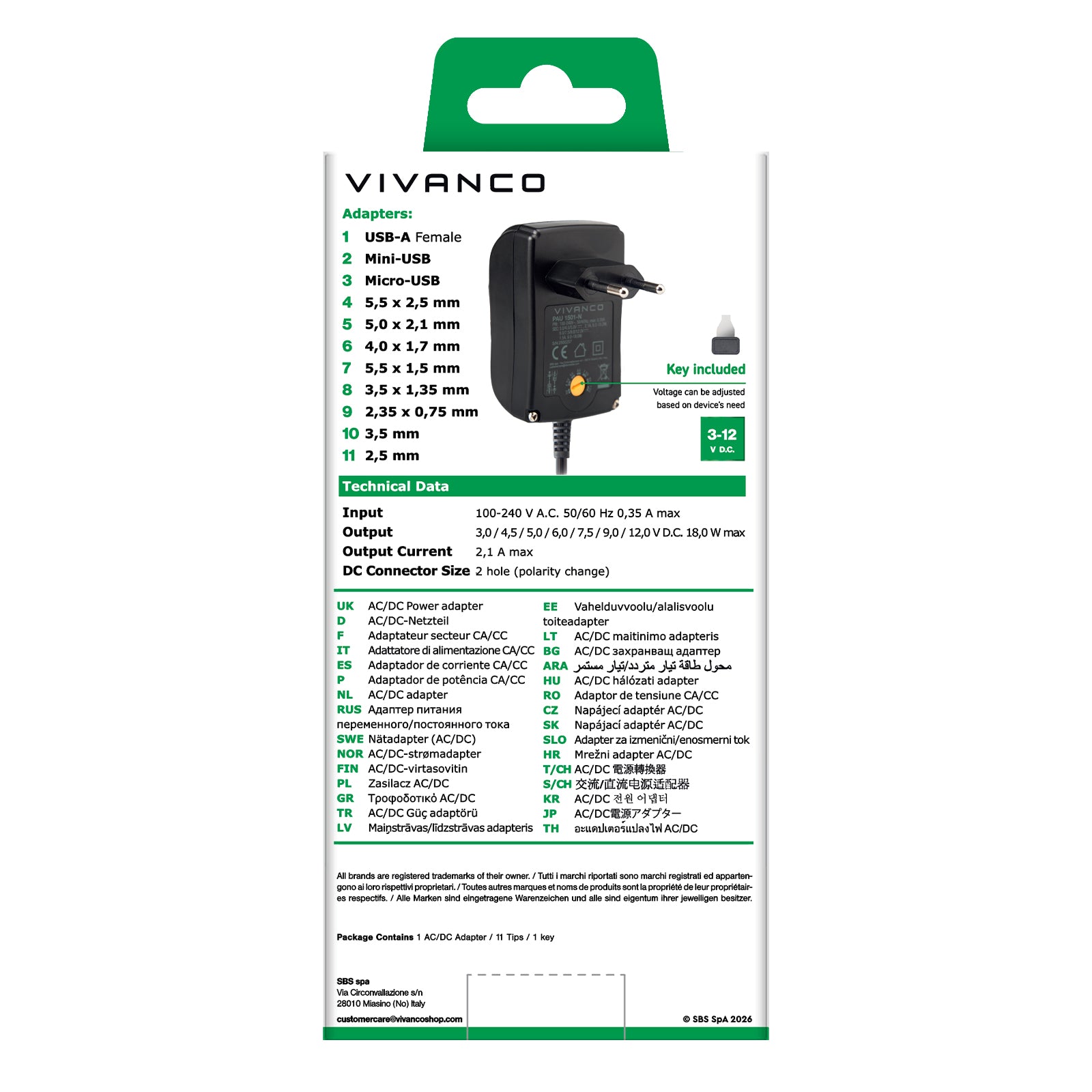 Alimentatore universale, spina EU AC/DC 3-12V, 11in1