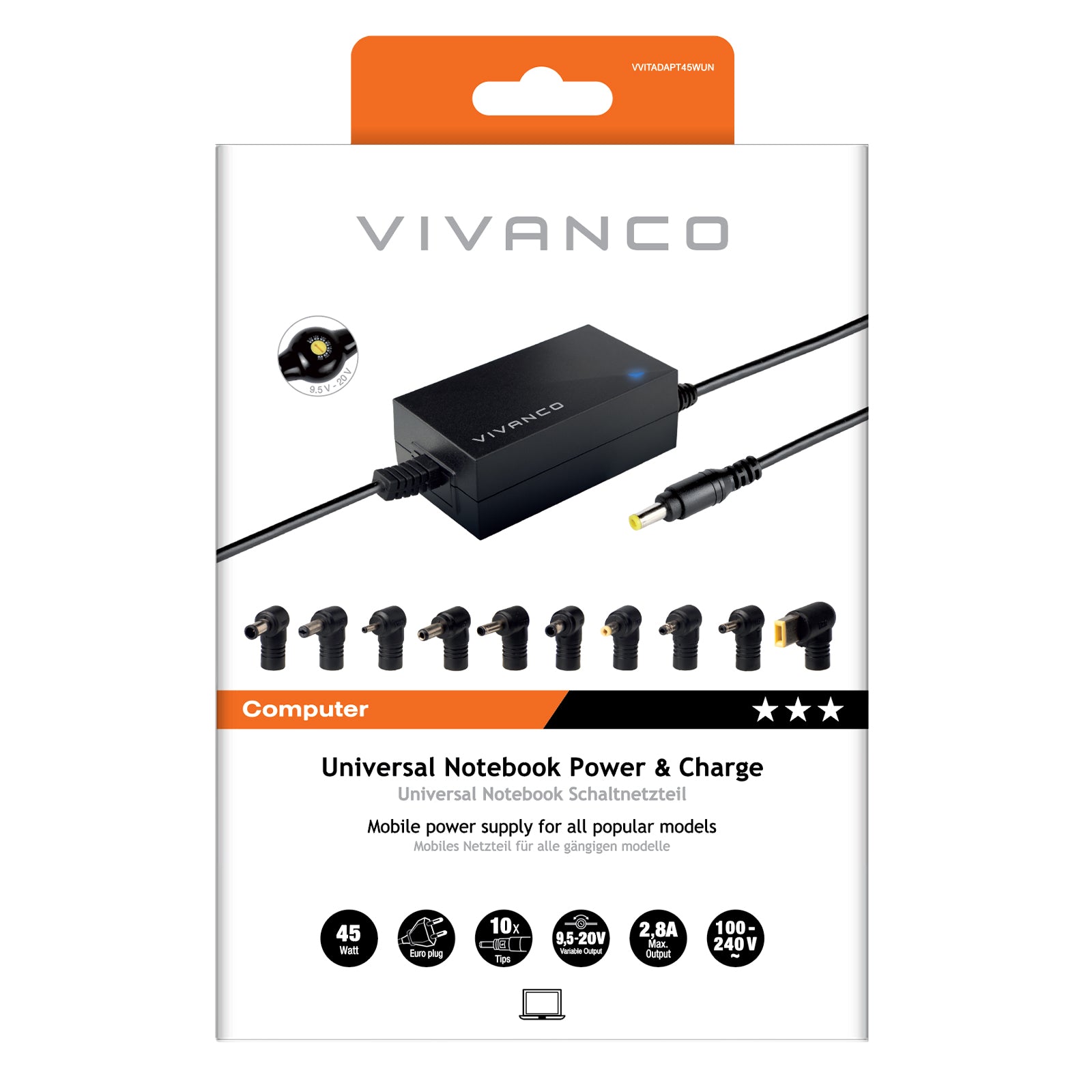 Alimentatore universale con switch per notebook e netbook, 45 Watt