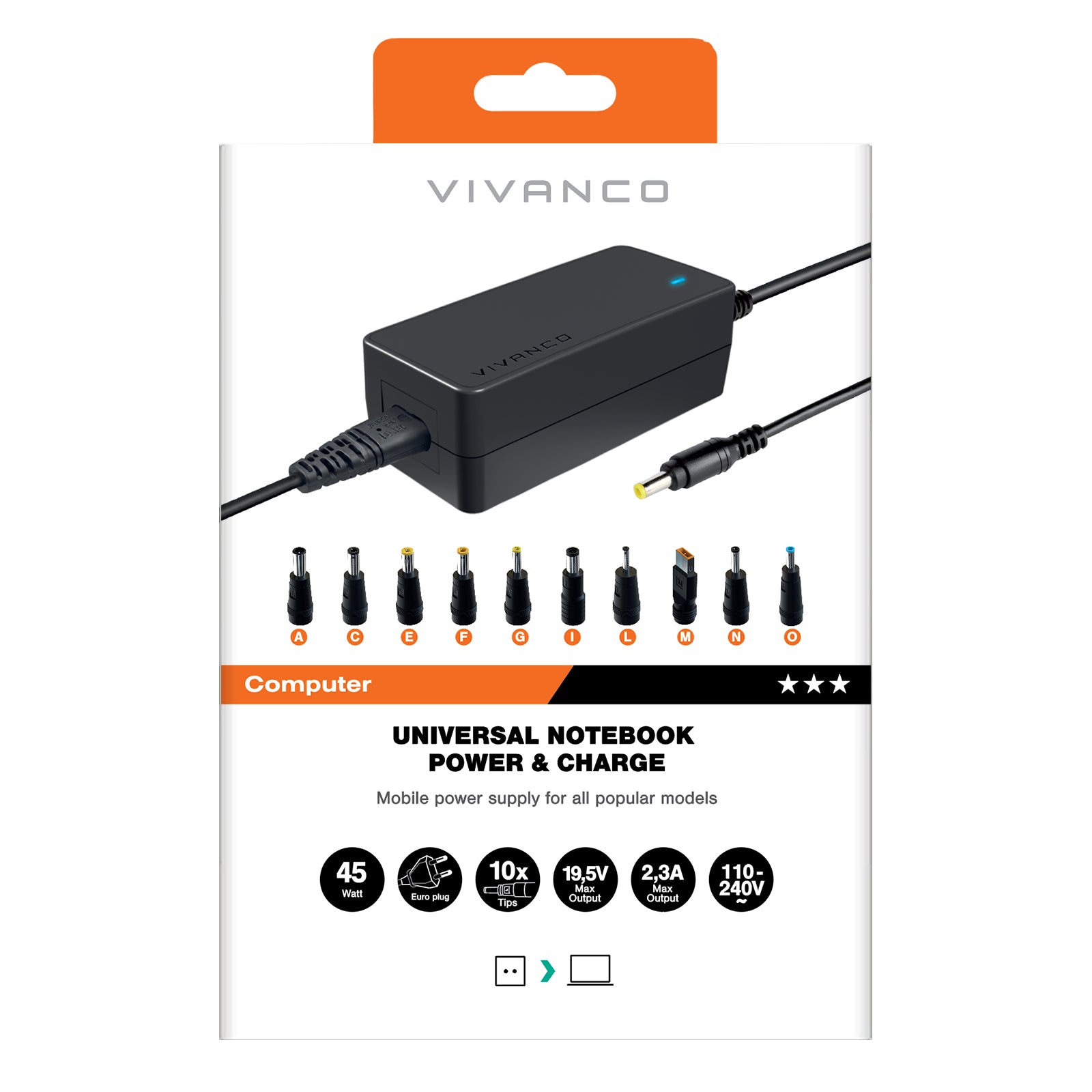Alimentatore universale con switch per notebook e netbook, 45 Watt