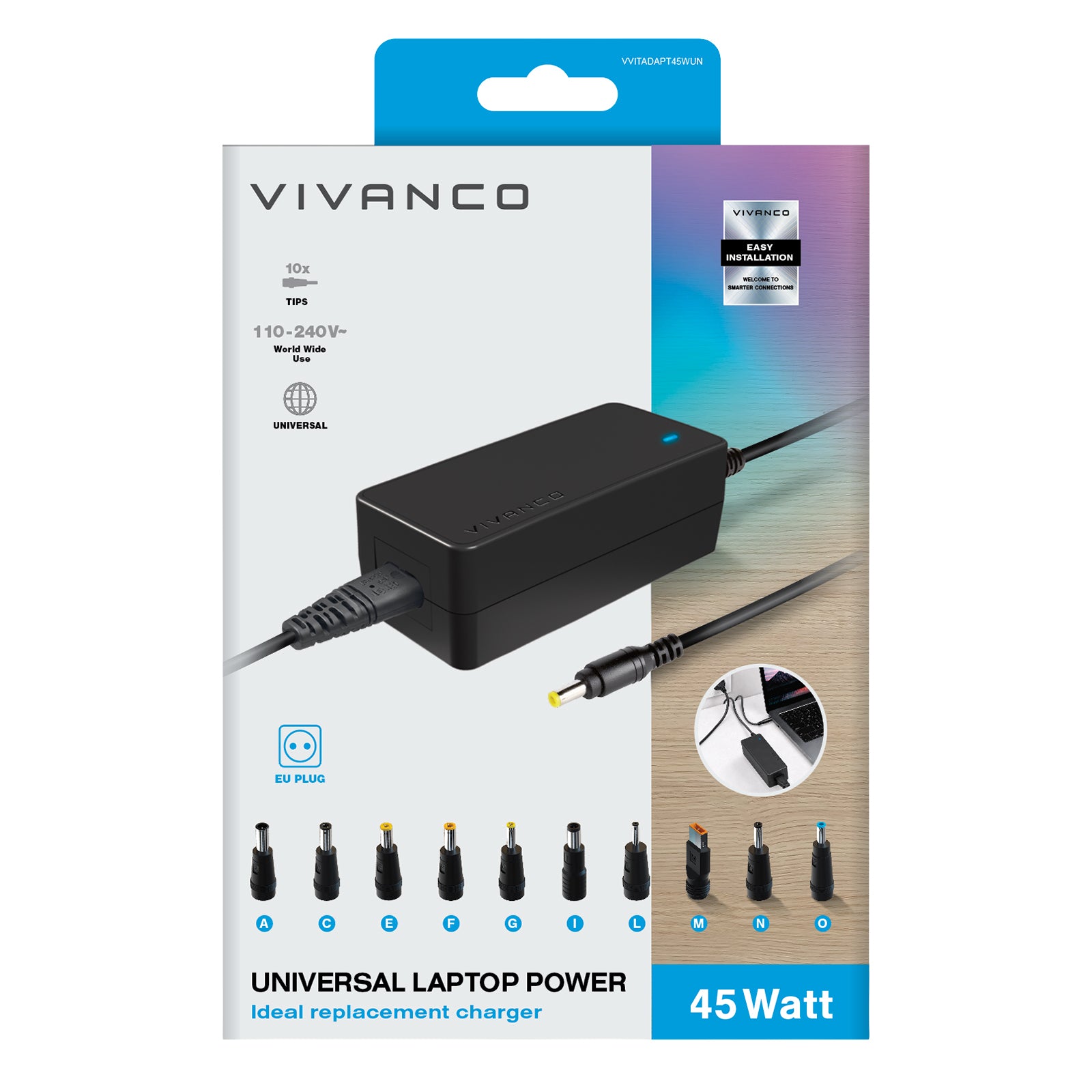 Alimentatore universale con switch per notebook e netbook, 45 Watt