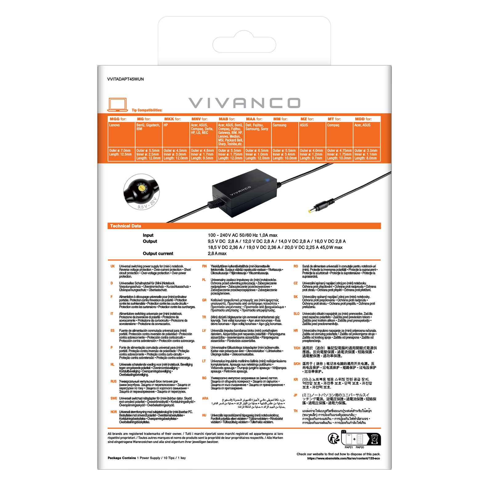 Alimentatore universale con switch per notebook e netbook, 45 Watt