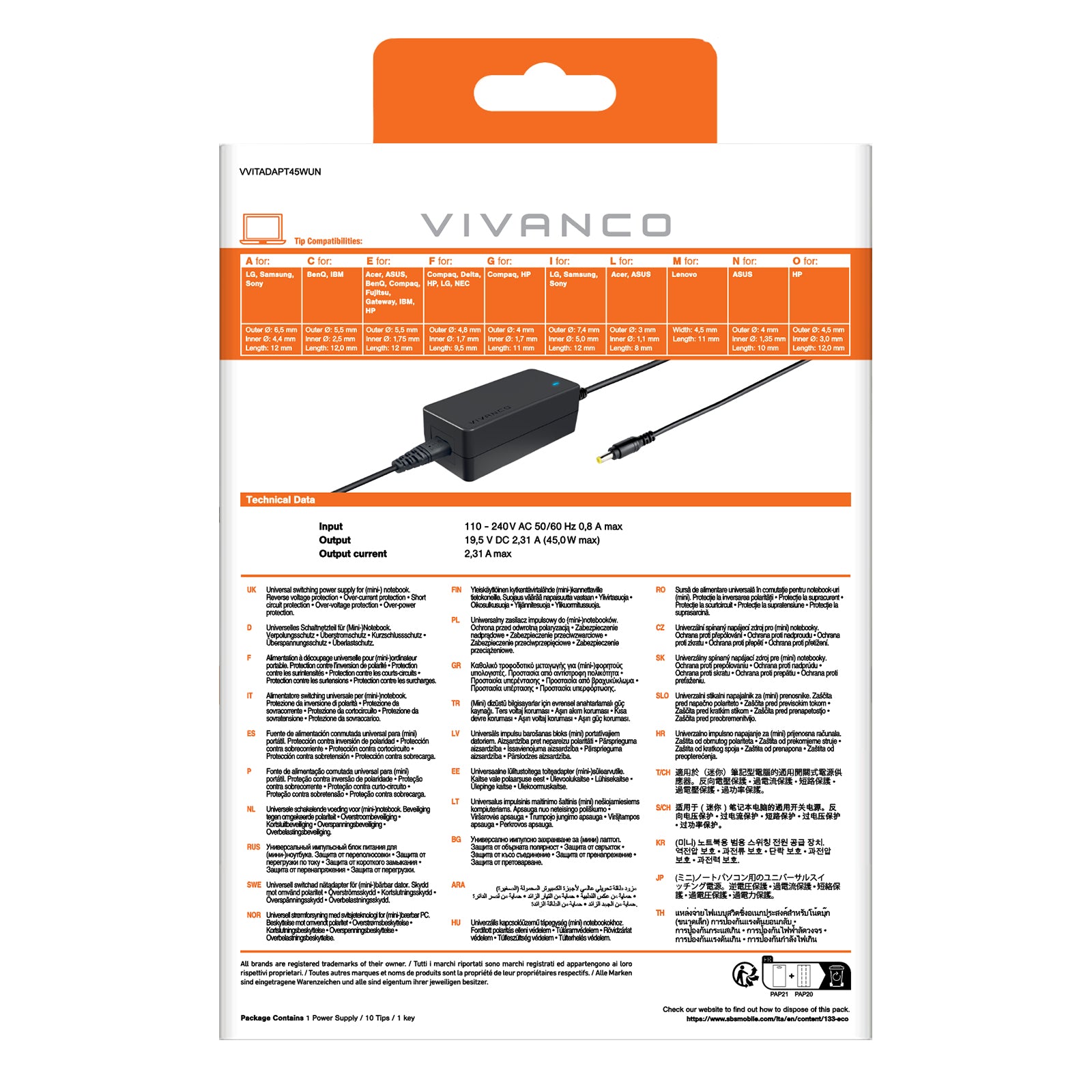Alimentatore universale con switch per notebook e netbook, 45 Watt