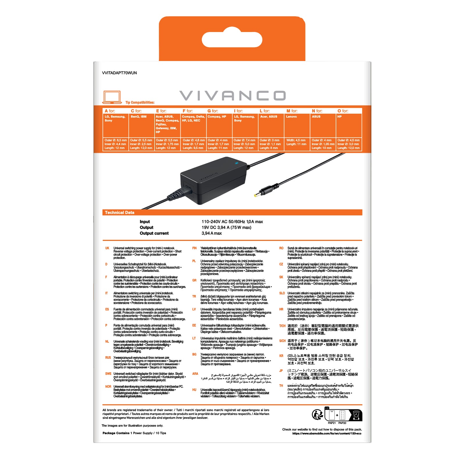 Alimentation universelle pour ordinateurs portables et netbooks, 70 W
