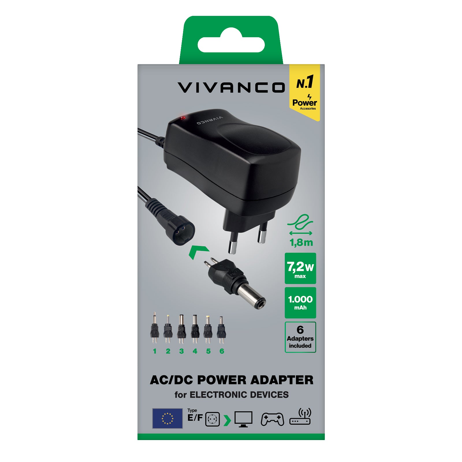 Alimentatore universale, spina EU AC/DC 3-12V, 6in1, nero