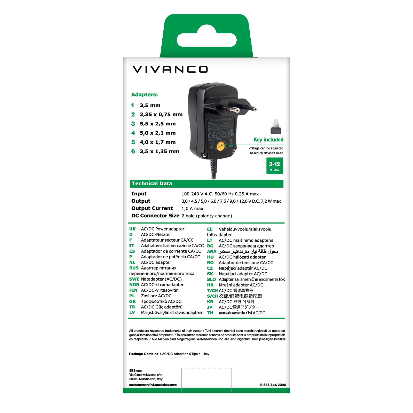 Alimentatore universale, spina EU AC/DC 3-12V, 6in1, nero