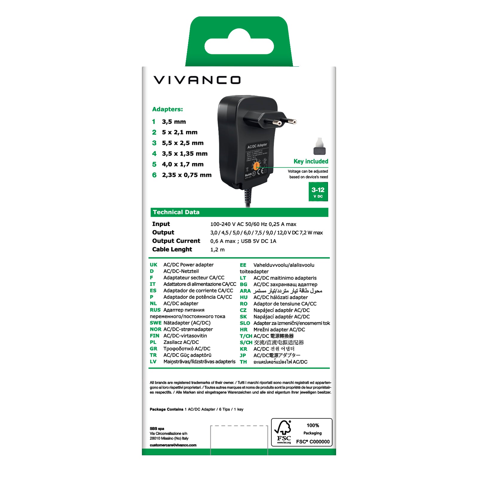 Alimentatore universale, spina EU AC/DC 3-12V, 6in1, nero