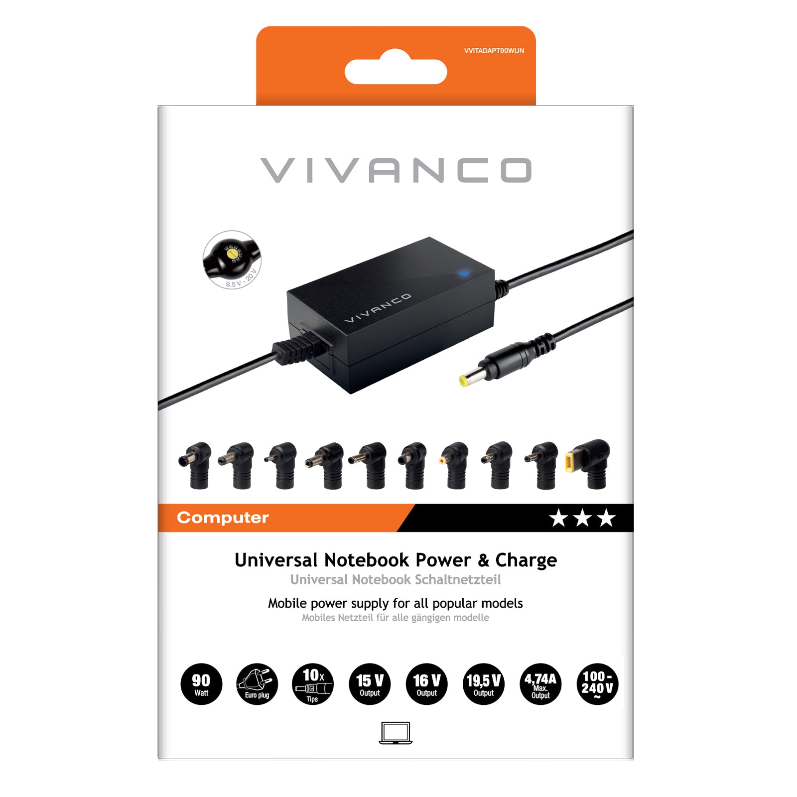 Alimentatore switching universale per notebook e netbook, 90 Watt