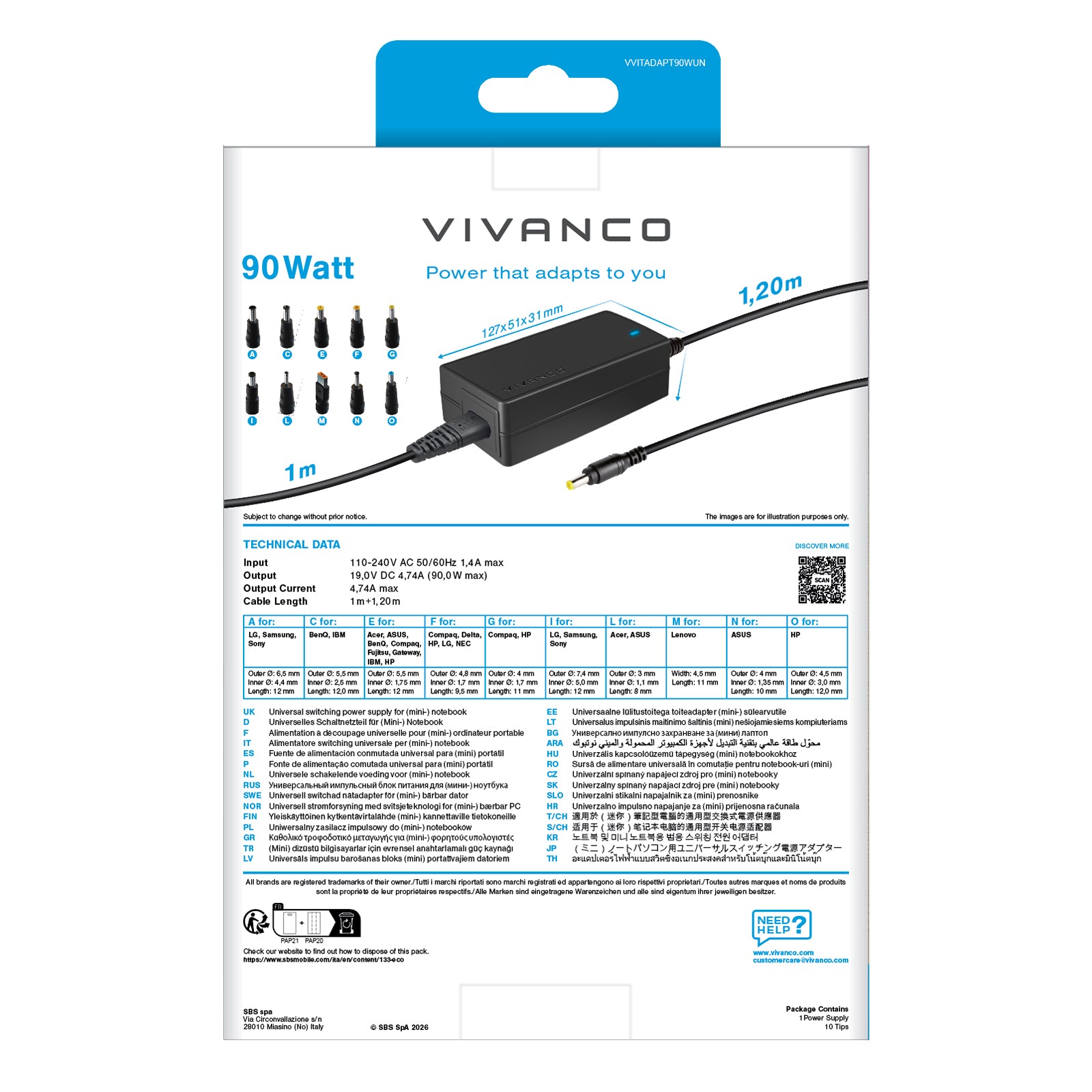 Alimentatore switching universale per notebook e netbook, 90 Watt