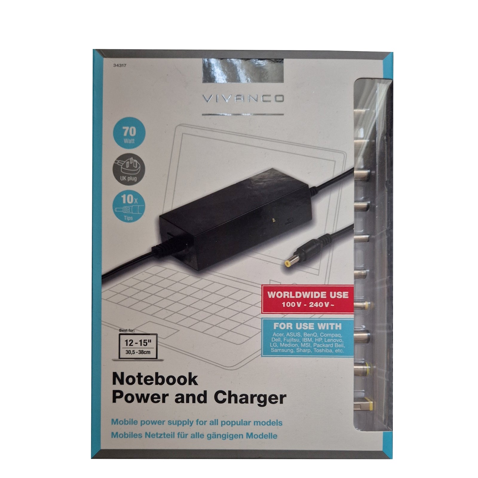 Alimentatore per laptop con 10 adattatori e spina UK, 70W