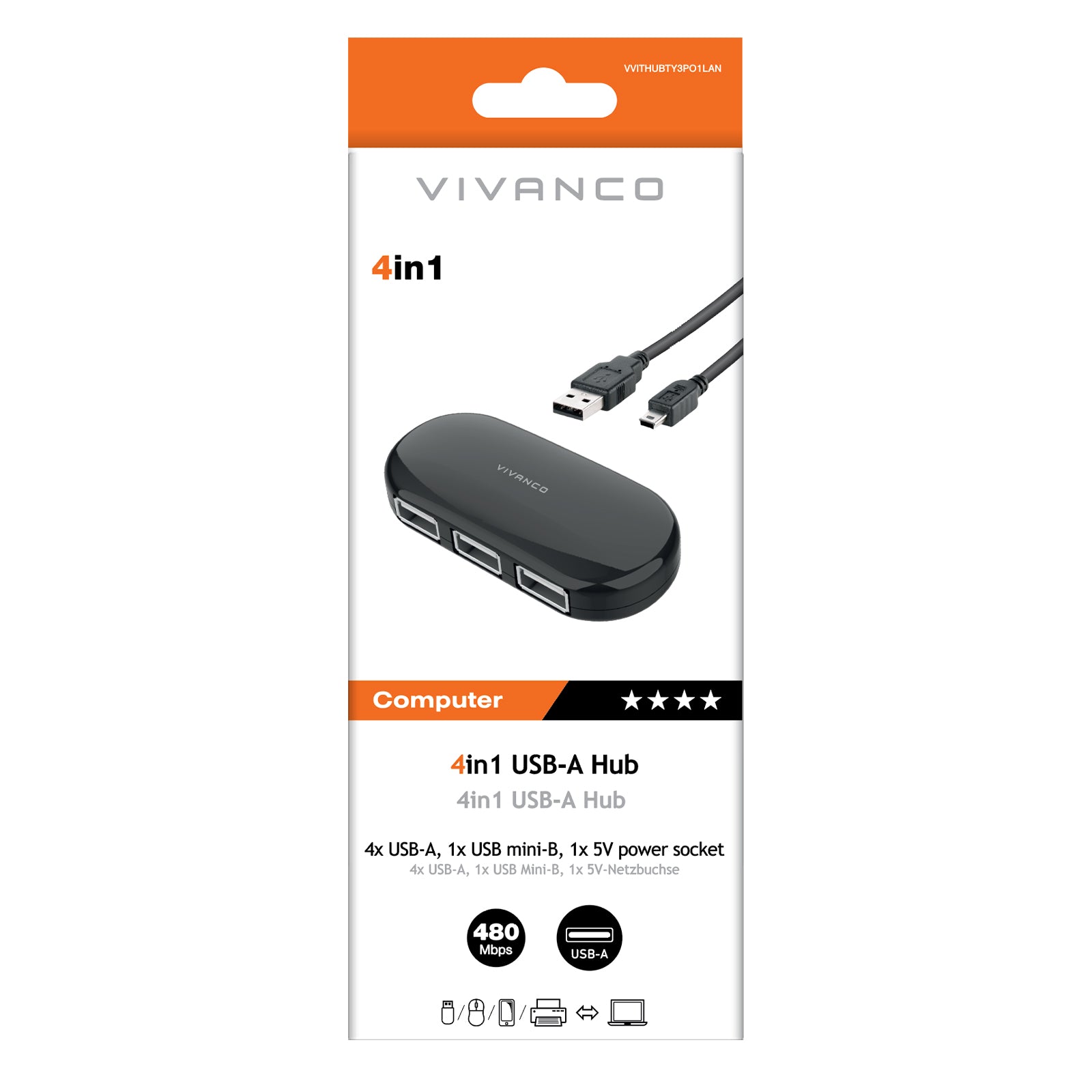 4-Port USB-A 2.0 Hub with Optional Power Supply