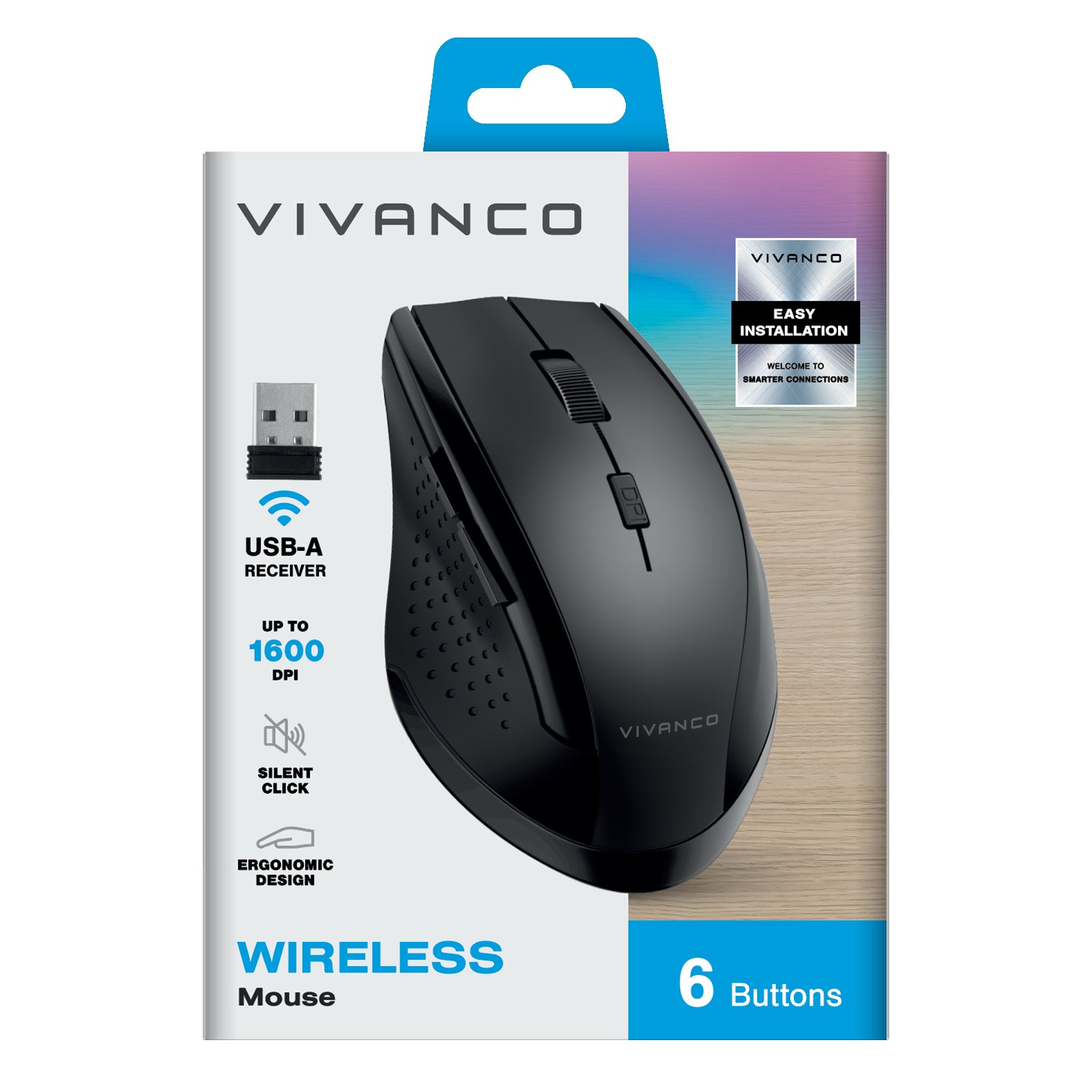 Mouse Wireless USB 1600 dpi, clic silenzioso, 5 pulsanti