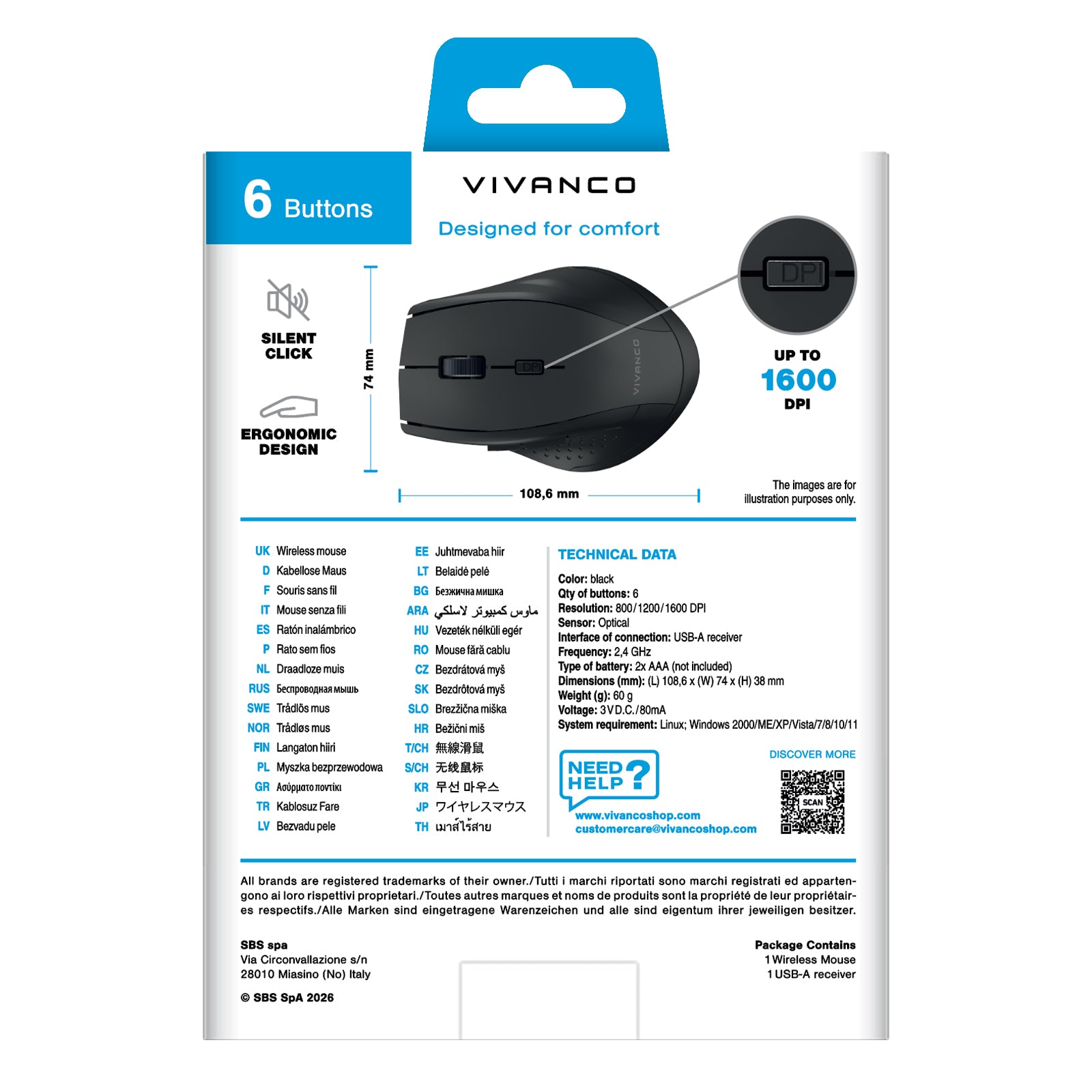 Mouse Wireless USB 1600 dpi, clic silenzioso, 5 pulsanti