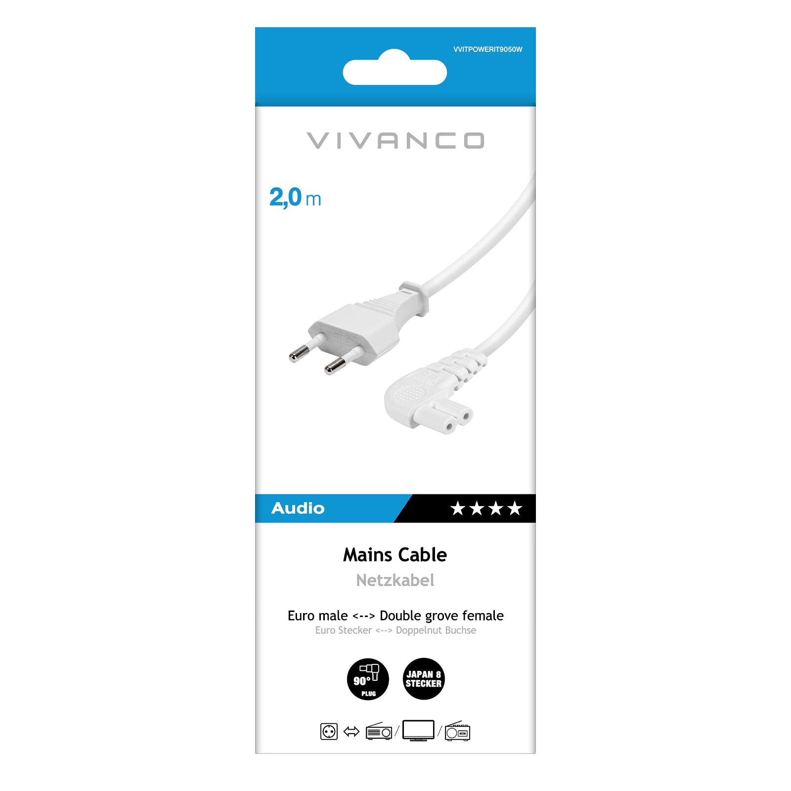 Power cord with 90° angled plug, 2 m