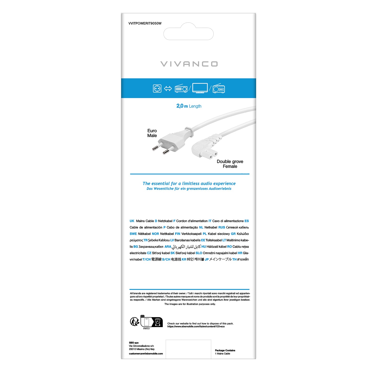 Power cord with 90° angled plug, 2 m