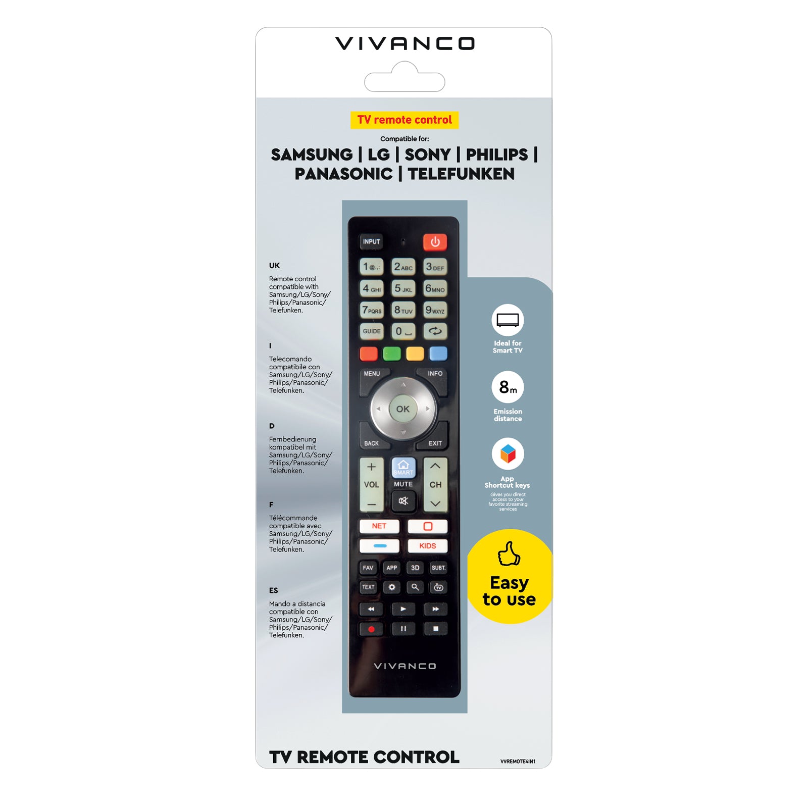 Remote control for Samsung, LG, Sony, Philips, Panasonic TVs