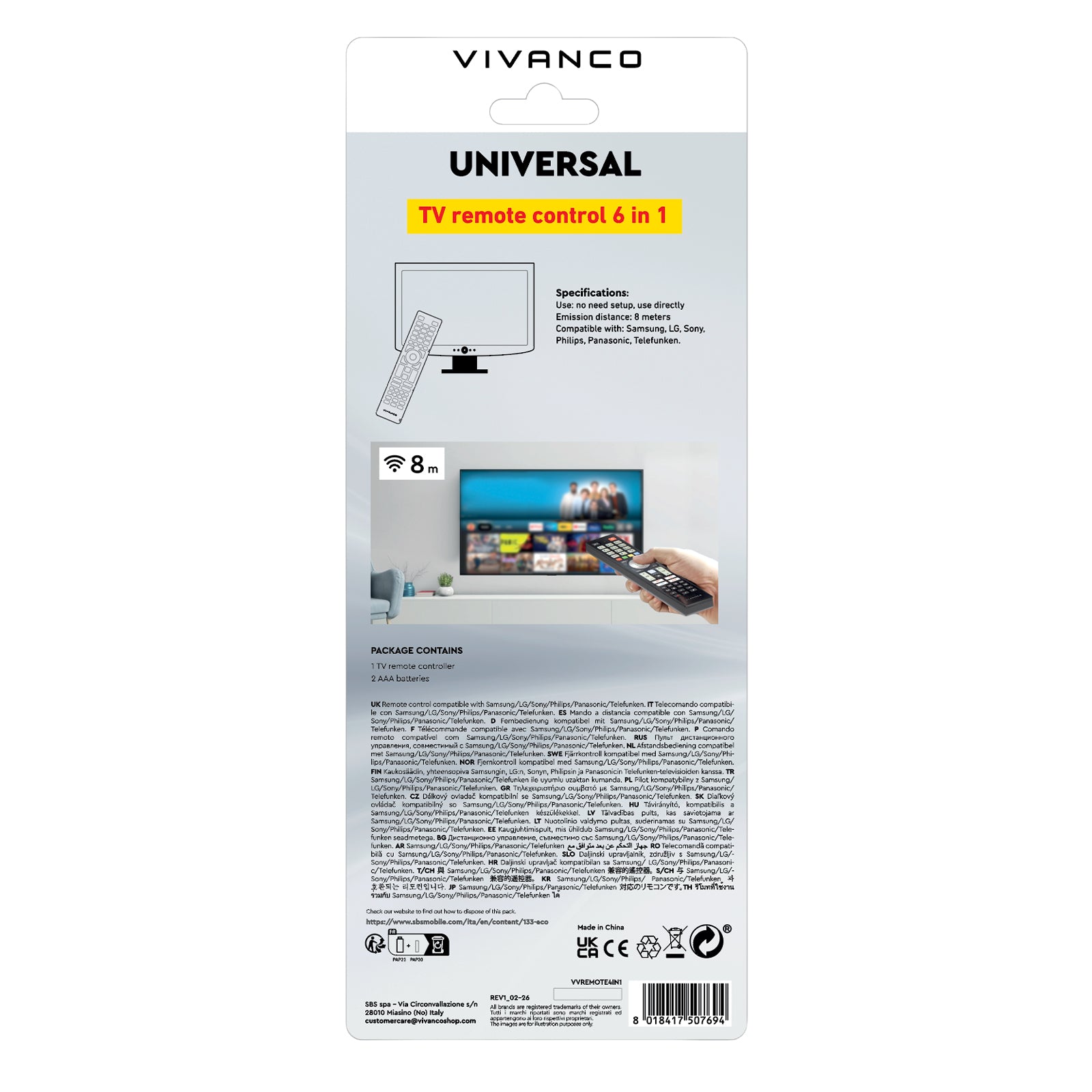 Remote control for Samsung, LG, Sony, Philips, Panasonic TVs