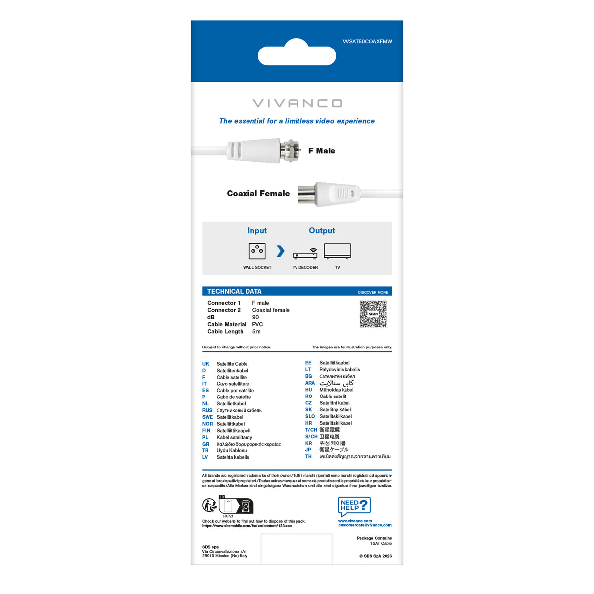 Koaxial-Satellitenkabel Typ F Stecker auf Buchse