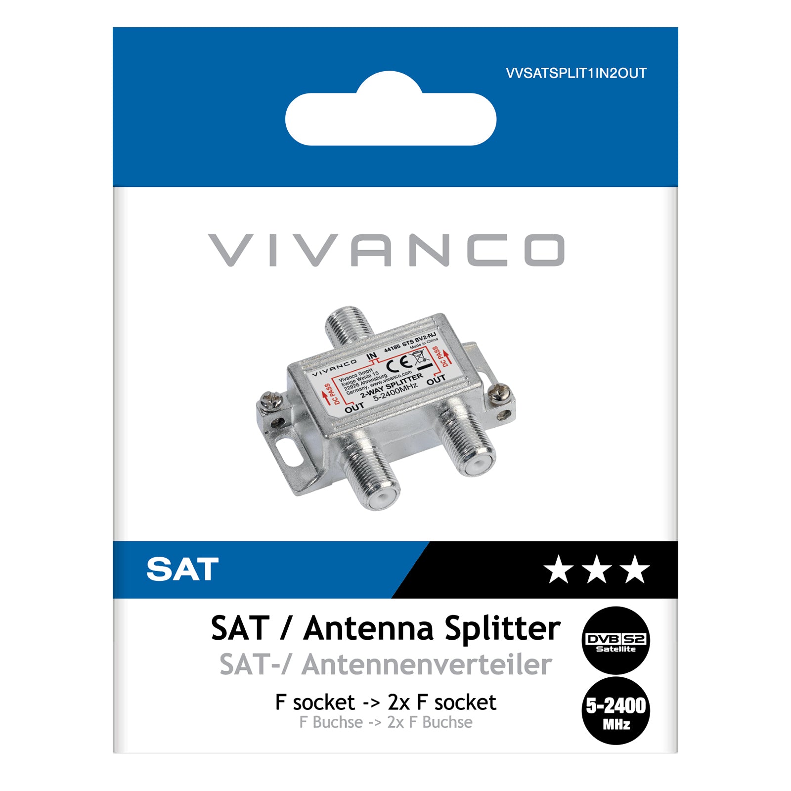 Type F satellite splitter 1 input – 2 output